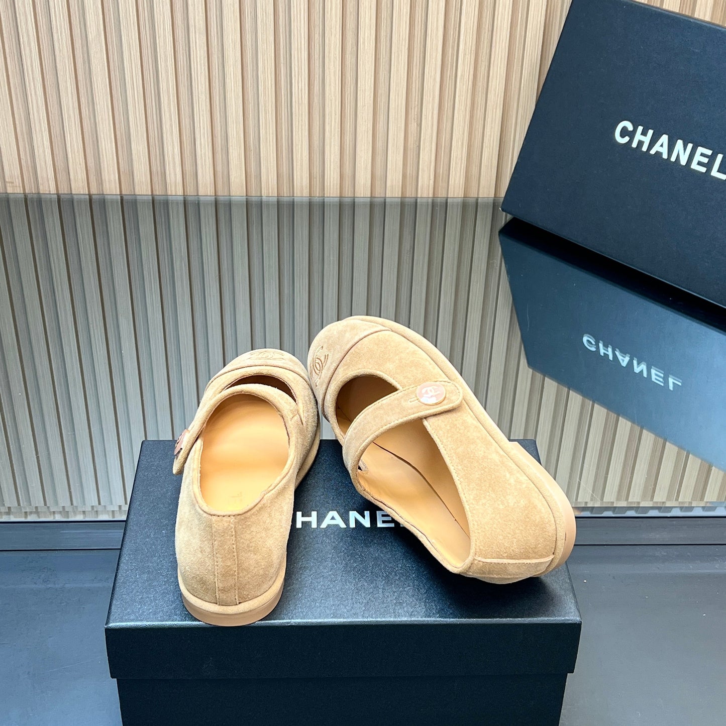 CHANEL 25S DOUBLE-STRAP MARY JANE SHOES IN LIGHT BROWN SUEDE - 35