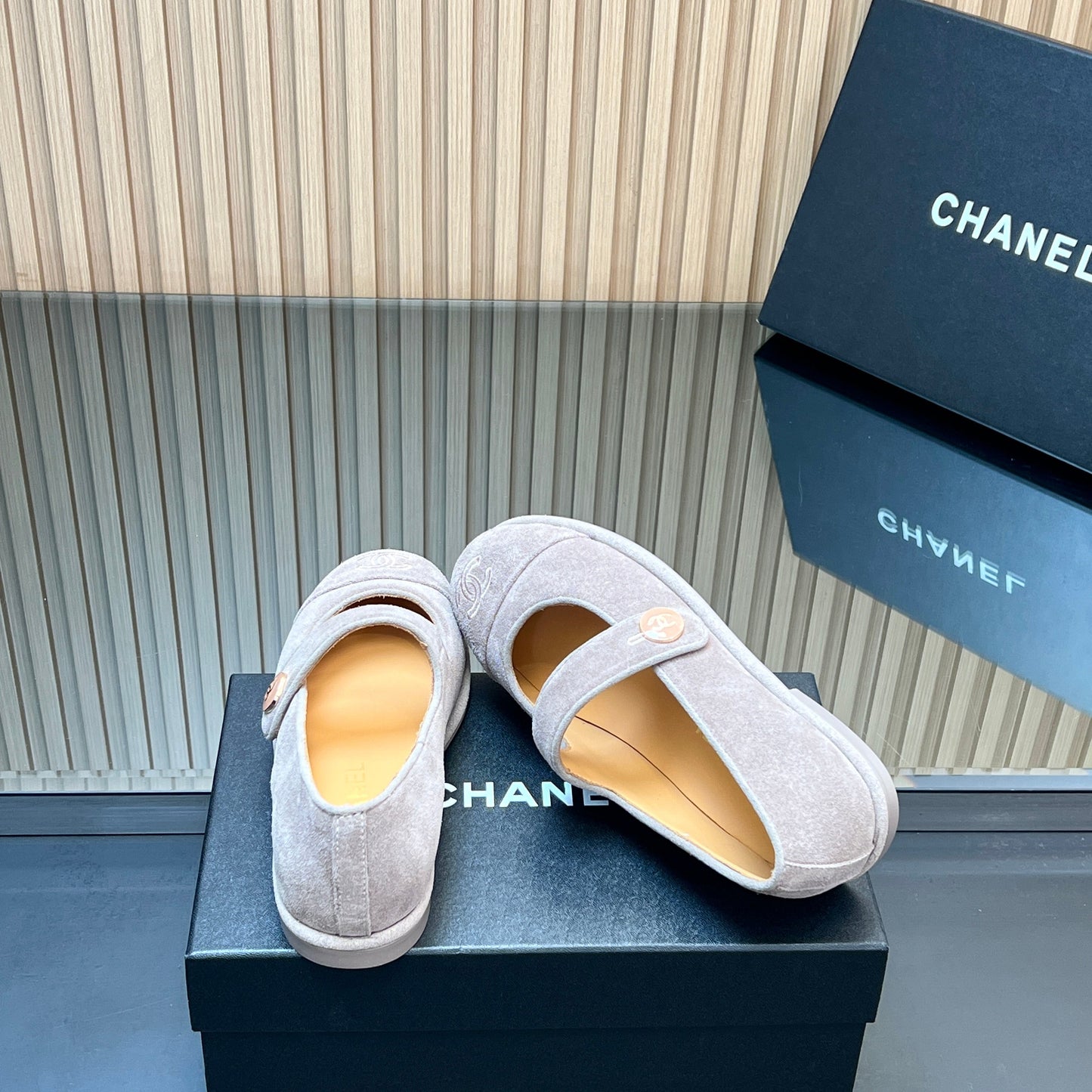 CHANEL 25S DOUBLE-STRAP MARY JANE SHOES IN LIGHT GRAY SUEDE - 35
