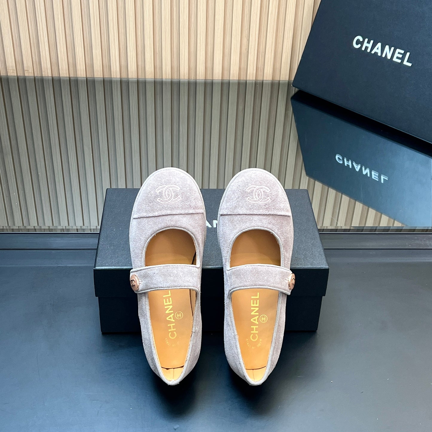 CHANEL 25S DOUBLE-STRAP MARY JANE SHOES IN LIGHT GRAY SUEDE - 35