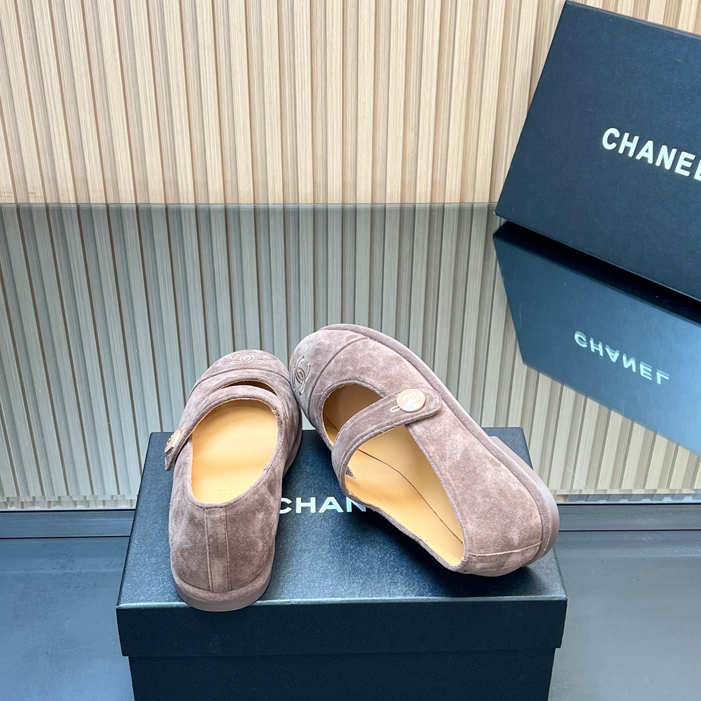 CHANEL 25S DOUBLE-STRAP MARY JANE SHOES IN TAUPE GRAY SUEDE - 35