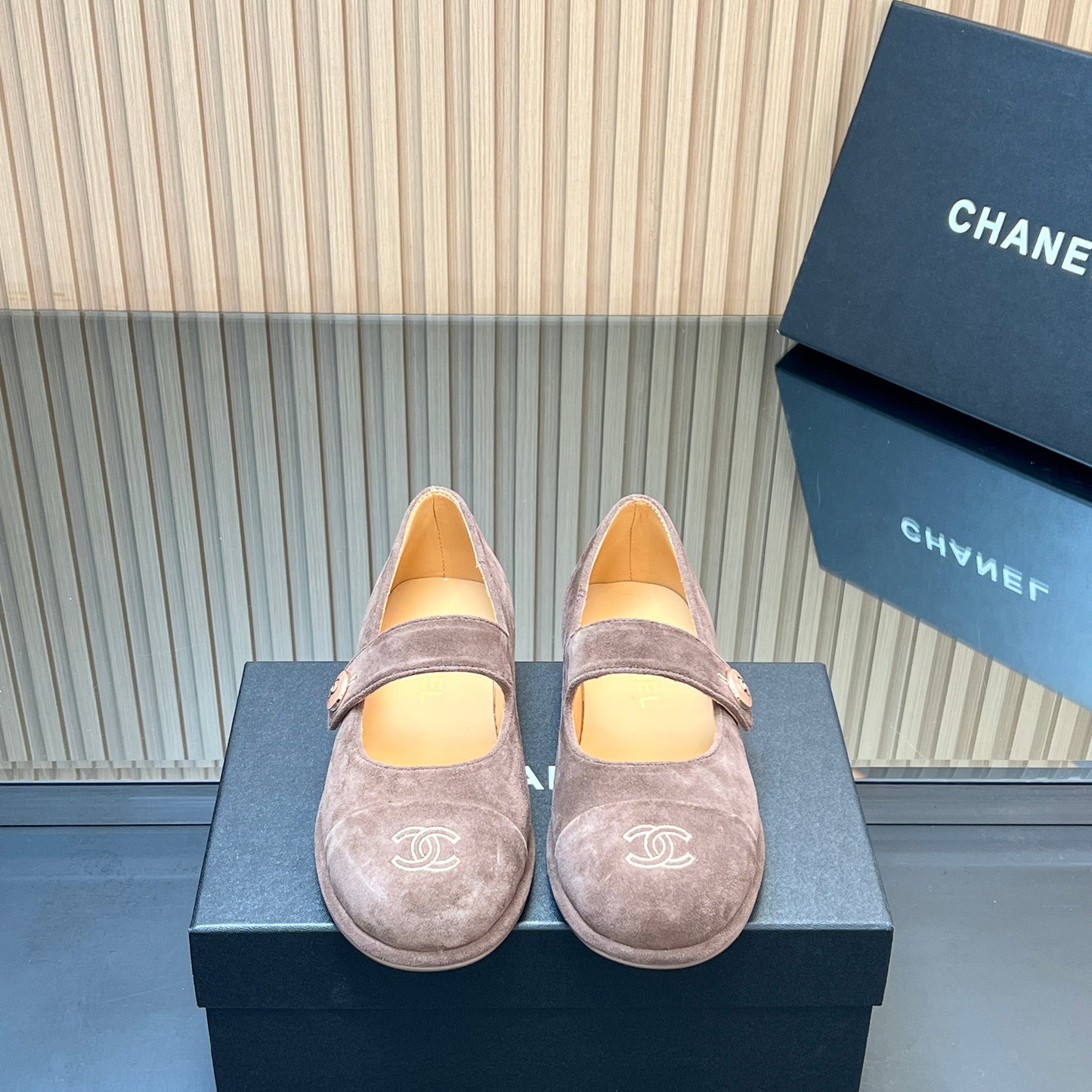 CHANEL 25S DOUBLE-STRAP MARY JANE SHOES IN TAUPE GRAY SUEDE - 35