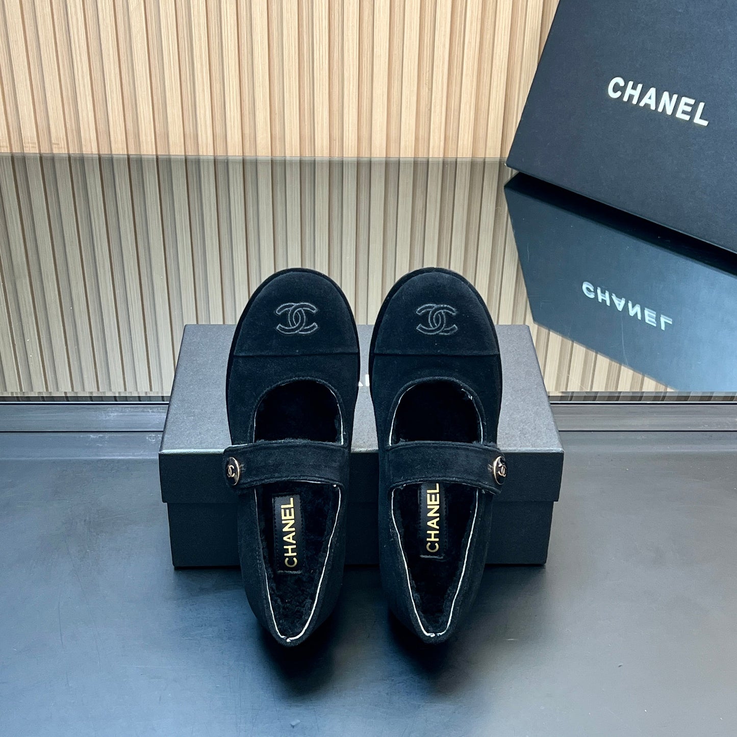 CHANEL 25S FURRY MARY JANE SHOES IN BLACK SUEDE - 35