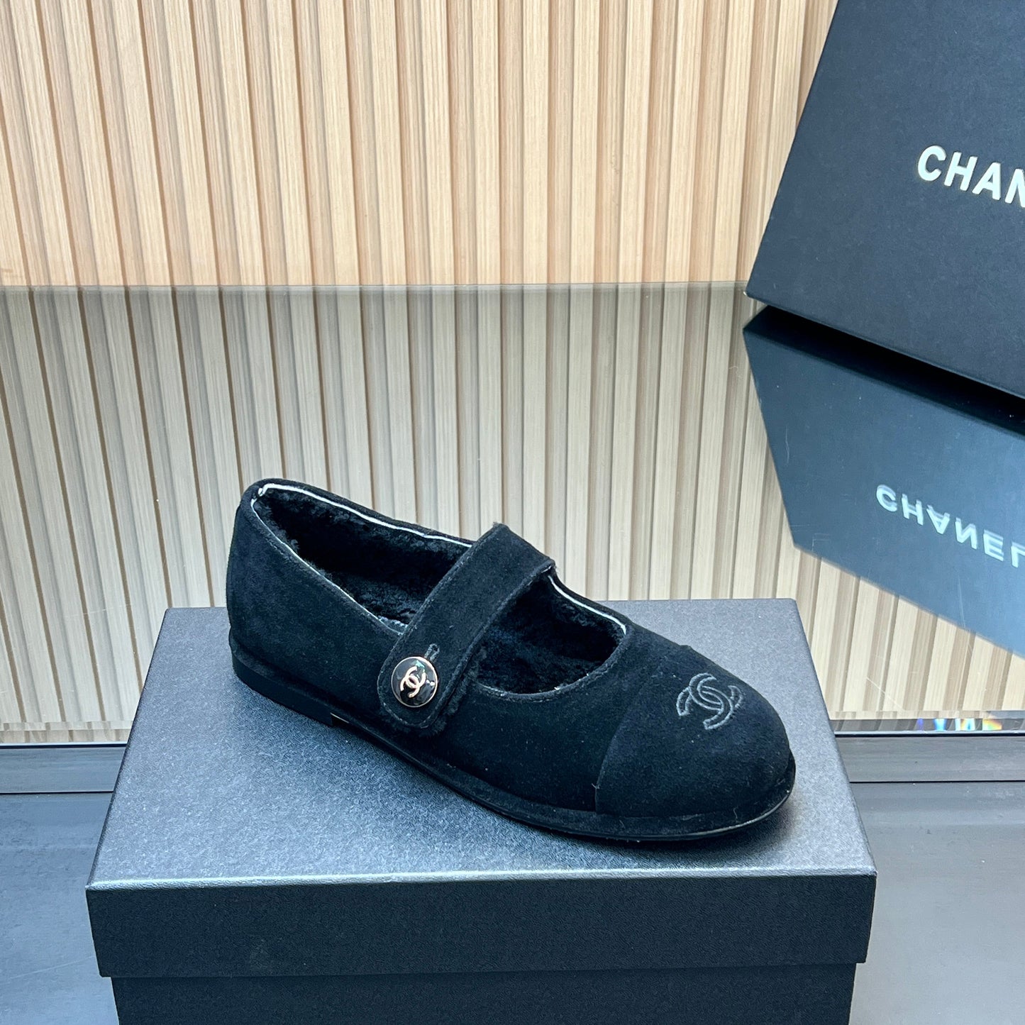 CHANEL 25S FURRY MARY JANE SHOES IN BLACK SUEDE - 35
