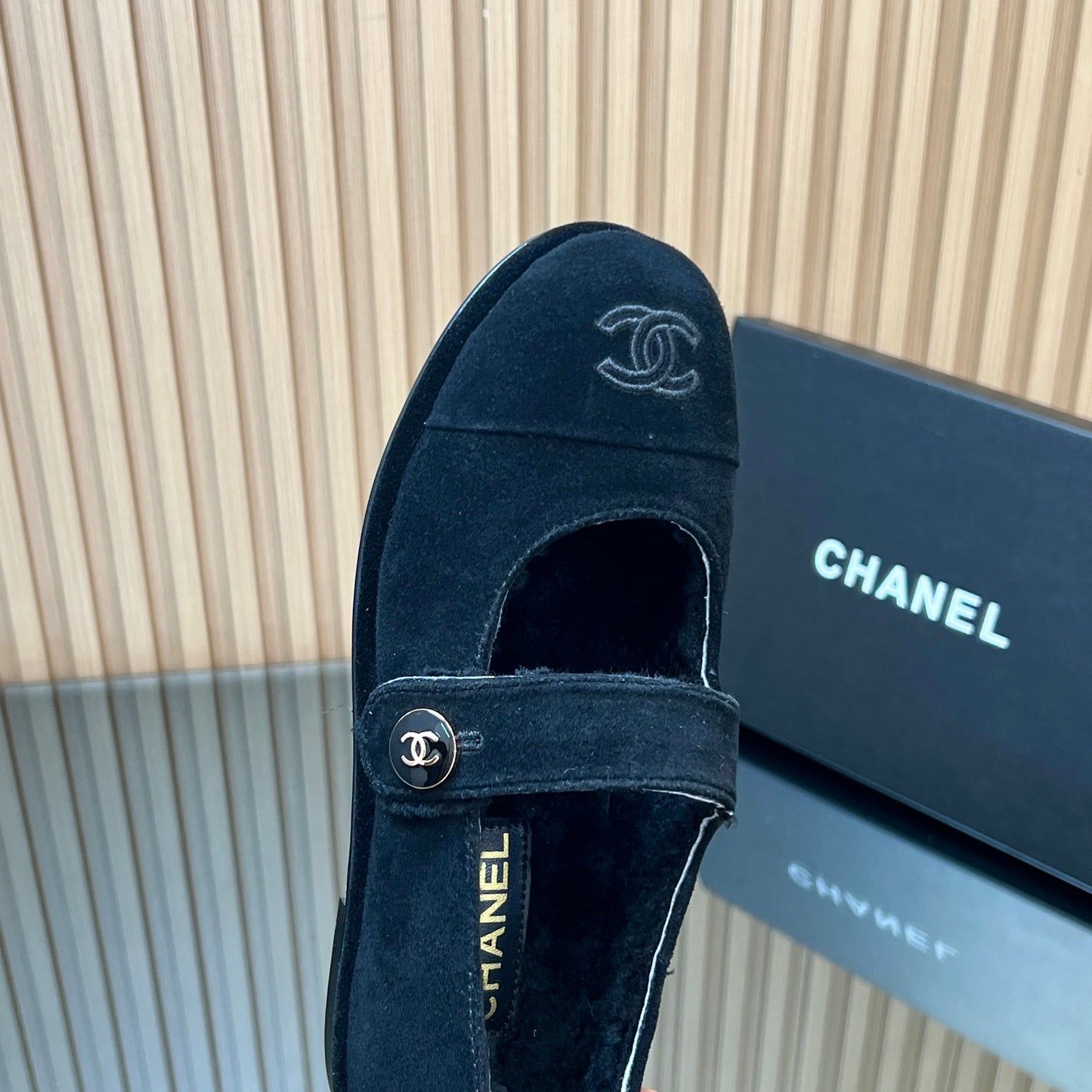 CHANEL 25S FURRY MARY JANE SHOES IN BLACK SUEDE - 35
