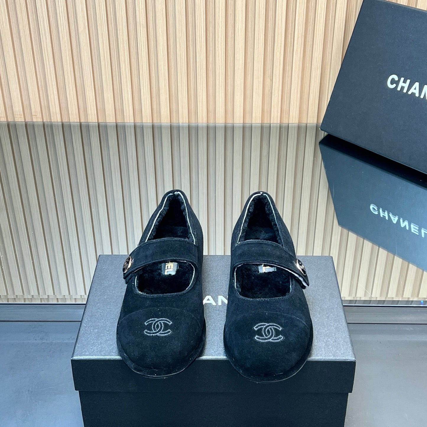 CHANEL 25S FURRY MARY JANE SHOES IN BLACK SUEDE - 35