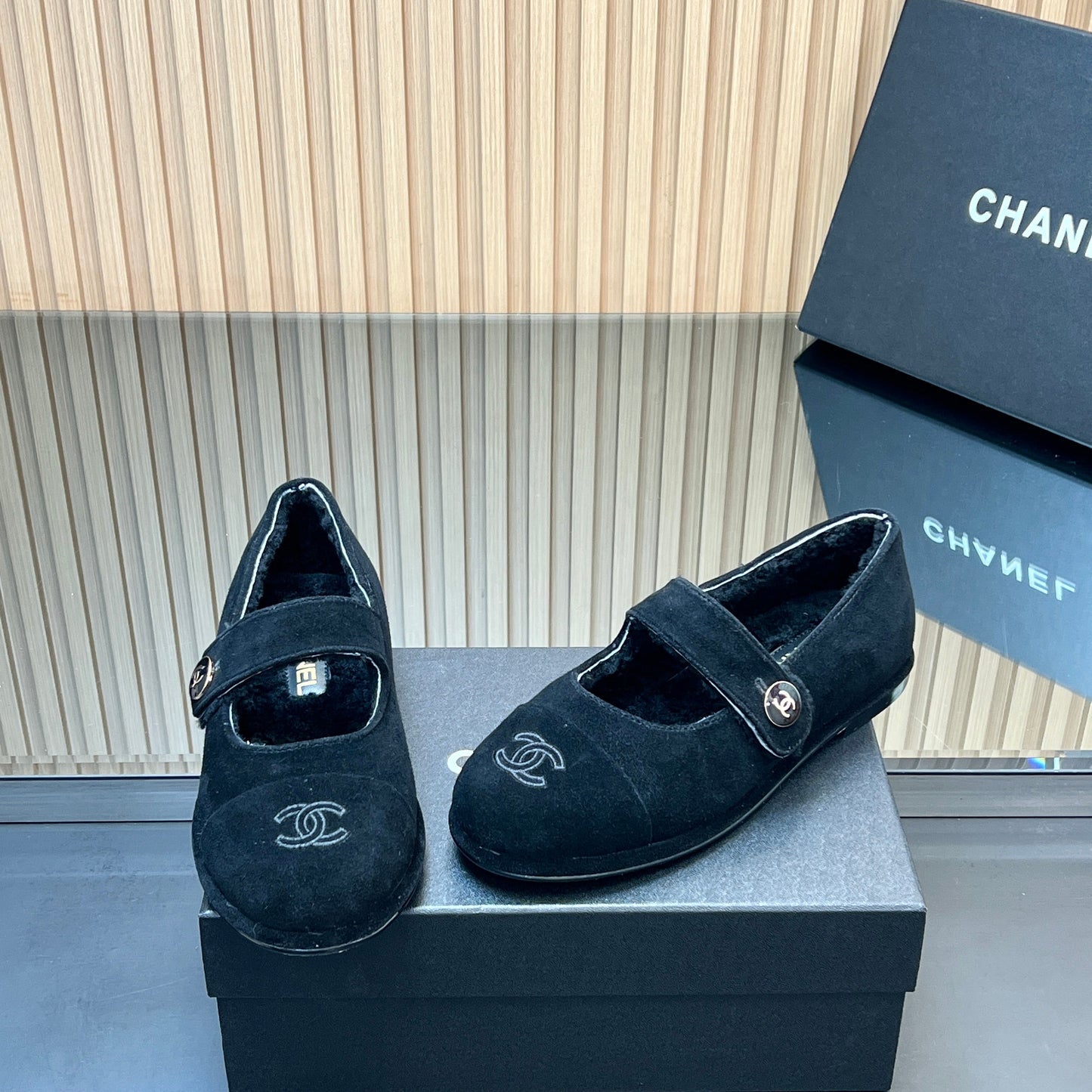 CHANEL 25S FURRY MARY JANE SHOES IN BLACK SUEDE - 35