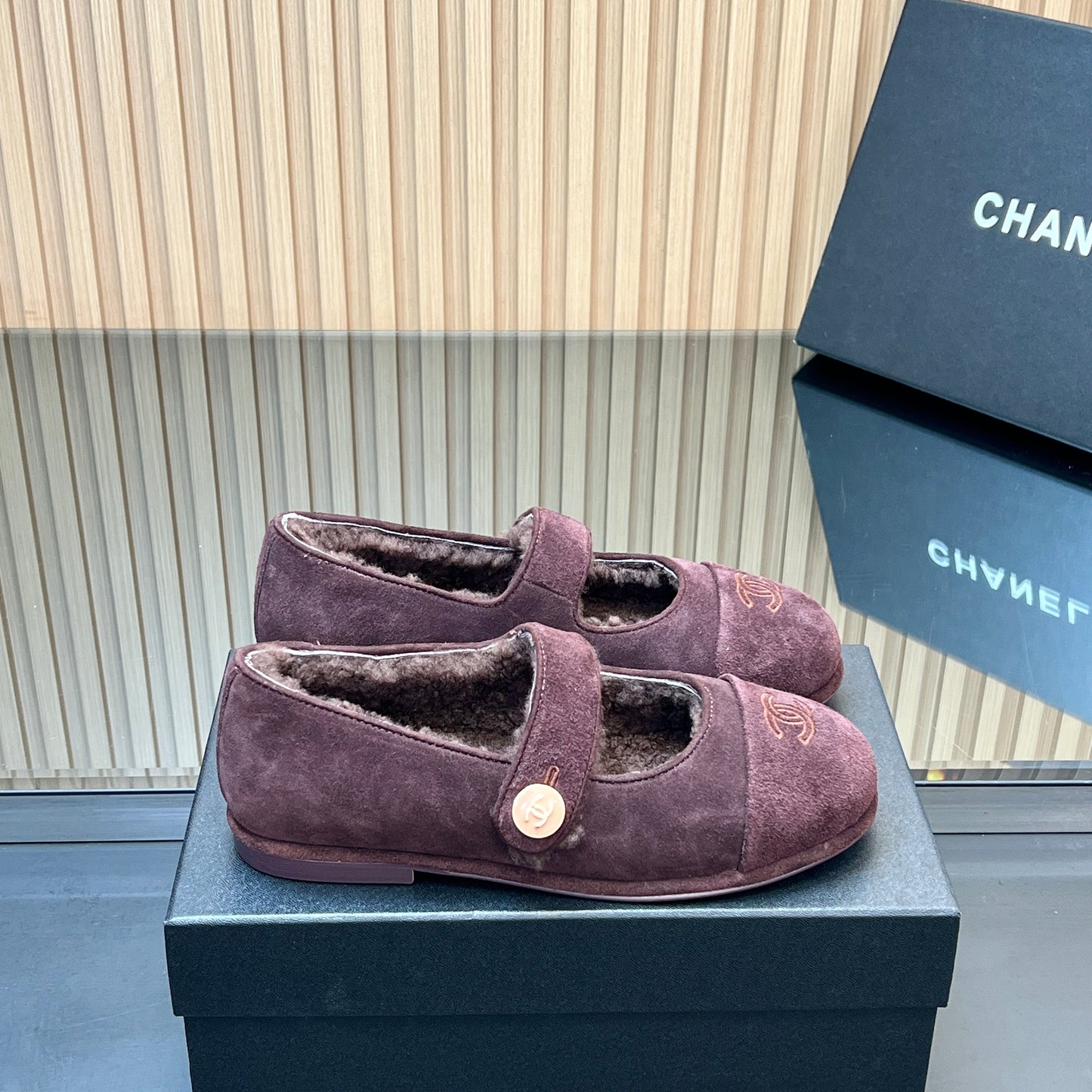 CHANEL 25S FURRY MARY JANE SHOES IN DARK PURPLE SUEDE - 35
