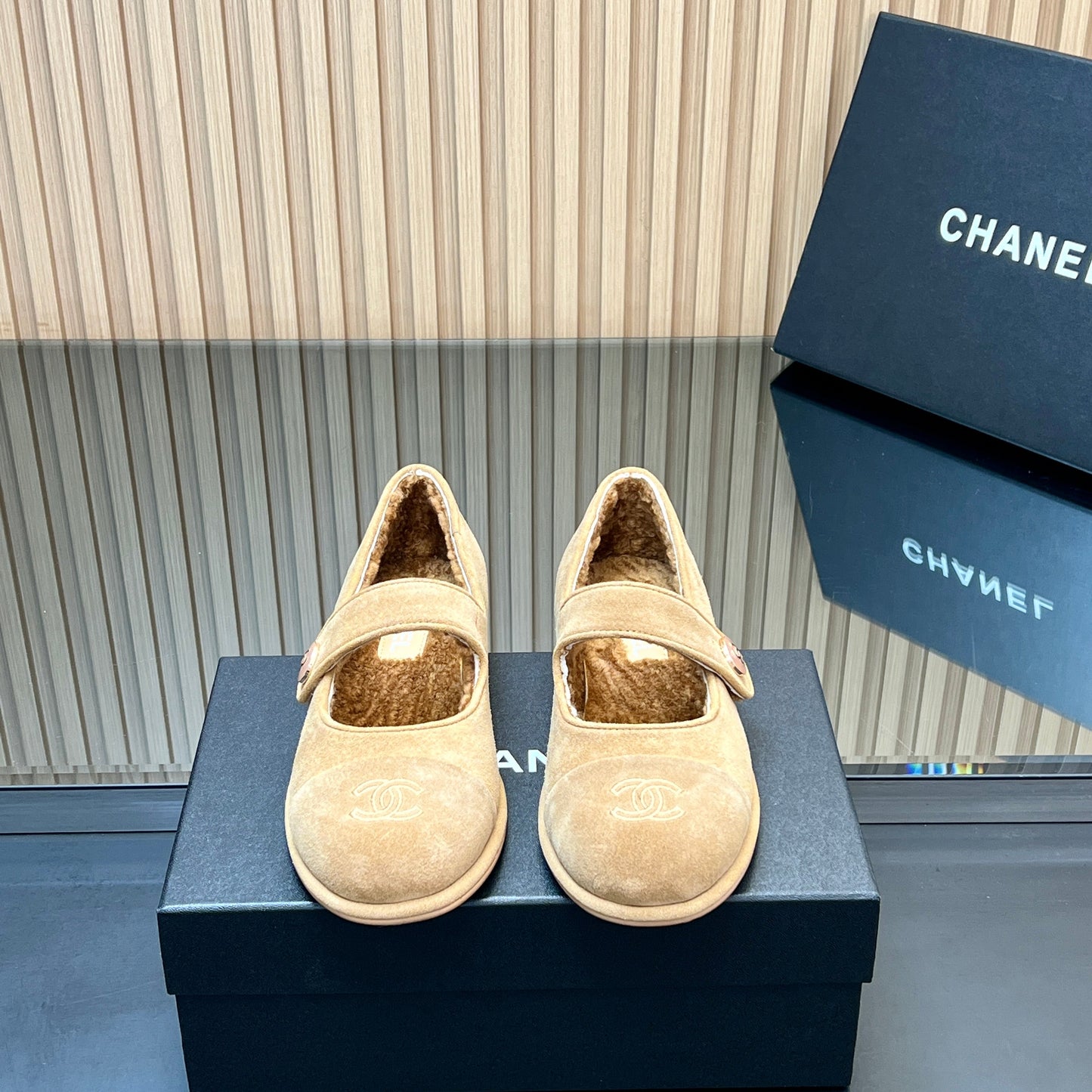 CHANEL 25S FURRY MARY JANE SHOES IN LIGHT BROWN SUEDE - 35