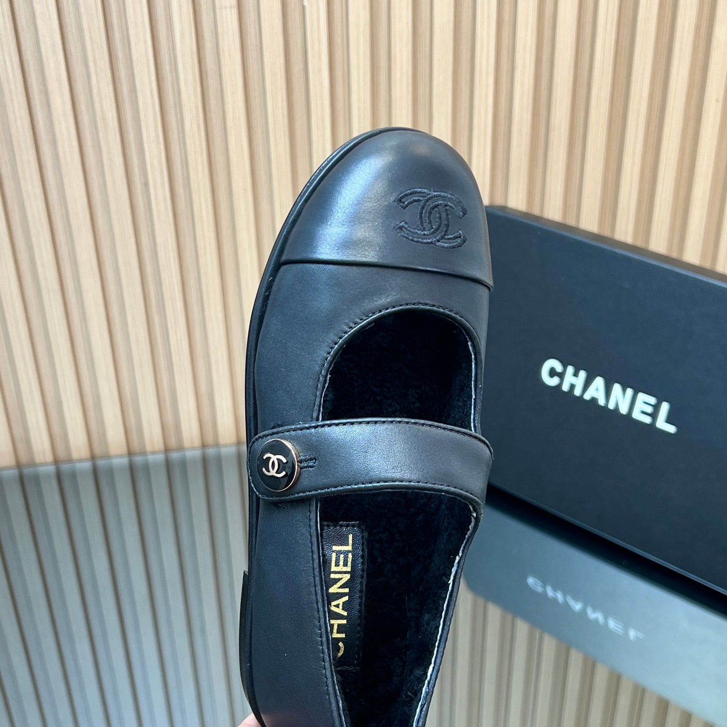 CHANEL 25S FURRY MARY JANE SHOES IN BLACK CALFSKIN - 35