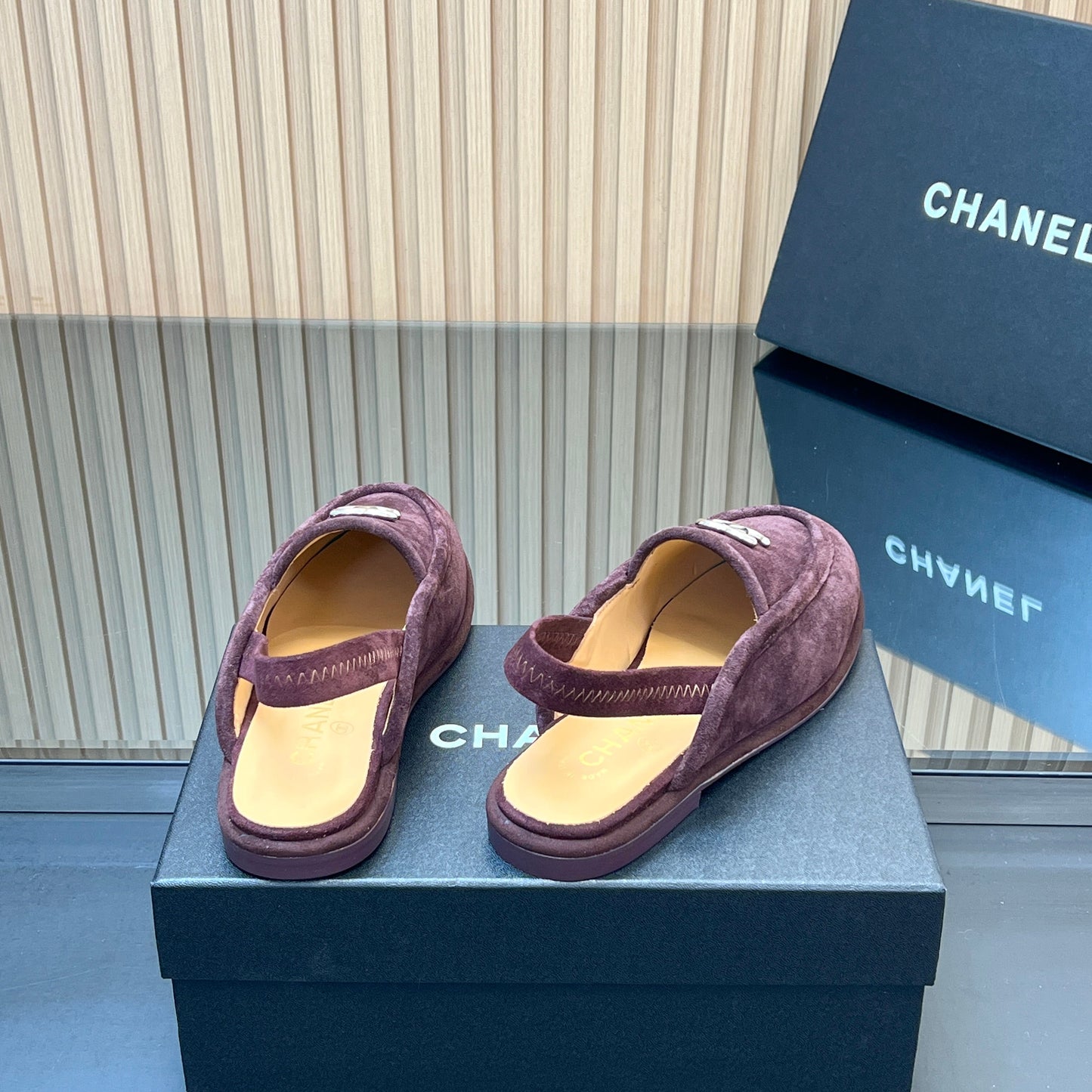 CHANEL 25S BACK STRAP MULE 15MM IN DARK PURPLE SUEDE SILVER HARDWRE - 35