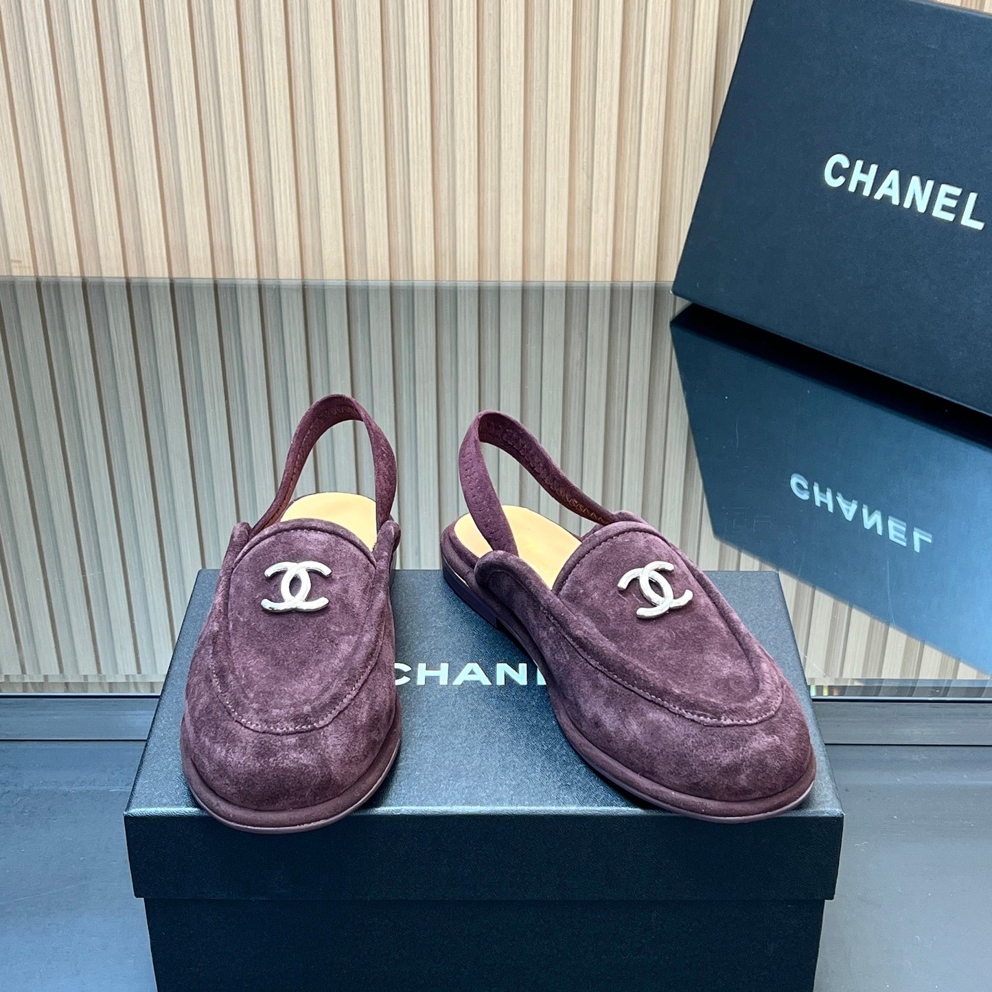 CHANEL 25S BACK STRAP MULE 15MM IN DARK PURPLE SUEDE SILVER HARDWARE