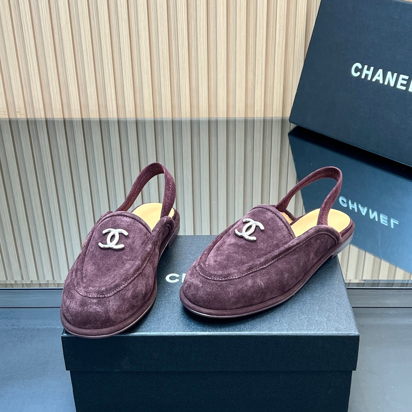 CHANEL 25S BACK STRAP MULE 15MM IN DARK PURPLE SUEDE SILVER HARDWRE - 35