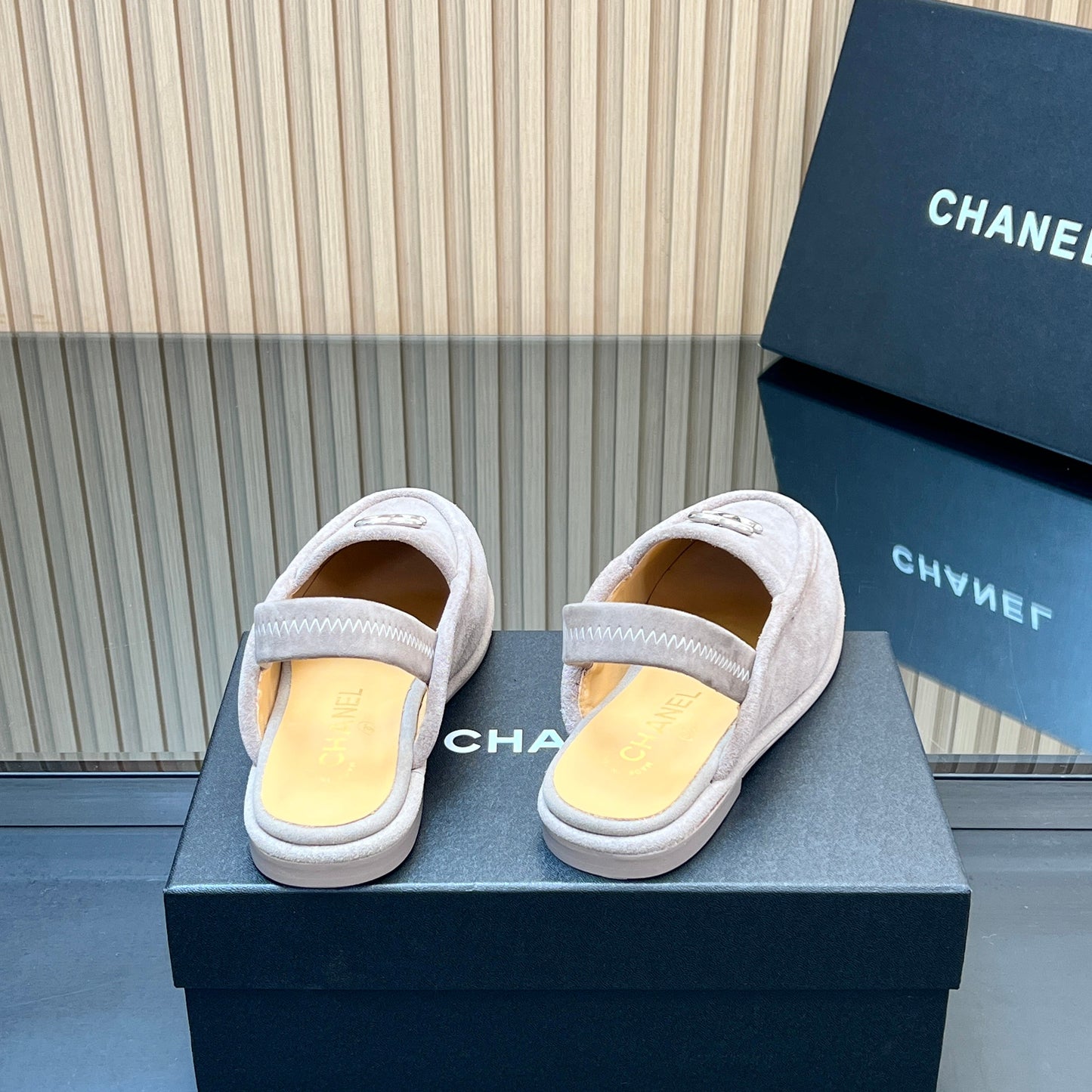 CHANEL 25S BACK STRAP MULE 15MM IN LIGHT GRAY SUEDE SILVER HARDWRE - 35