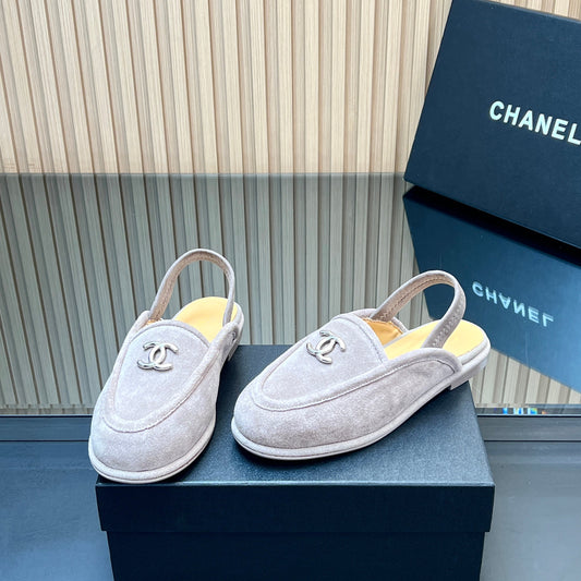 CHANEL 25S BACK STRAP MULE 15MM IN LIGHT GRAY SUEDE SILVER HARDWARE