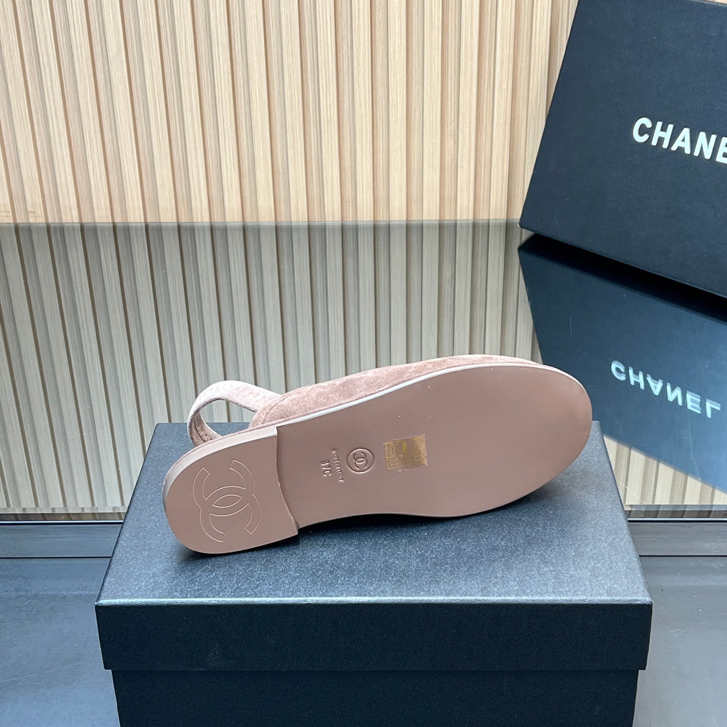 CHANEL 25S BACK STRAP MULE 15MM IN TAUPE GRAY SUEDE SILVER HARDWRE - 35