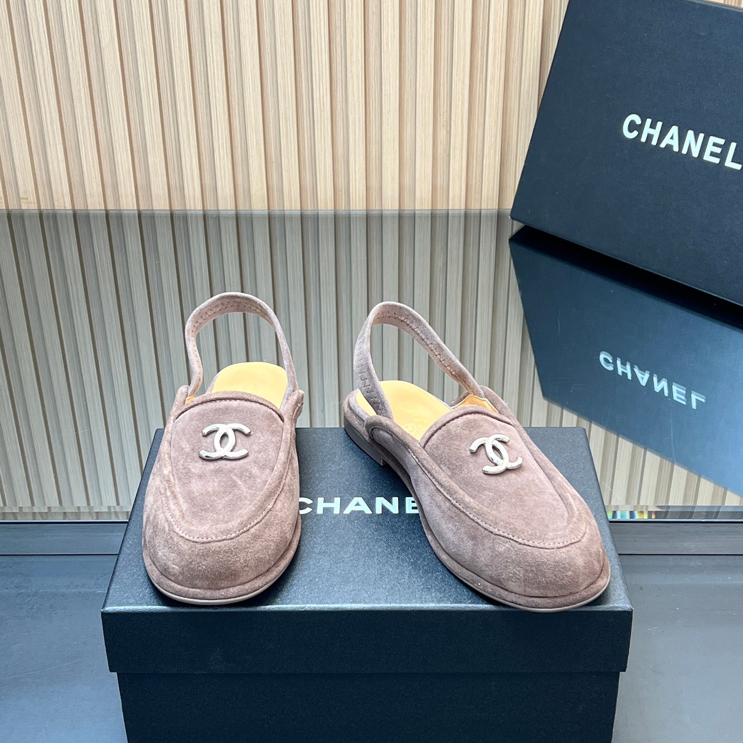 CHANEL 25S BACK STRAP MULE 15MM IN TAUPE GRAY SUEDE SILVER HARDWRE - 35