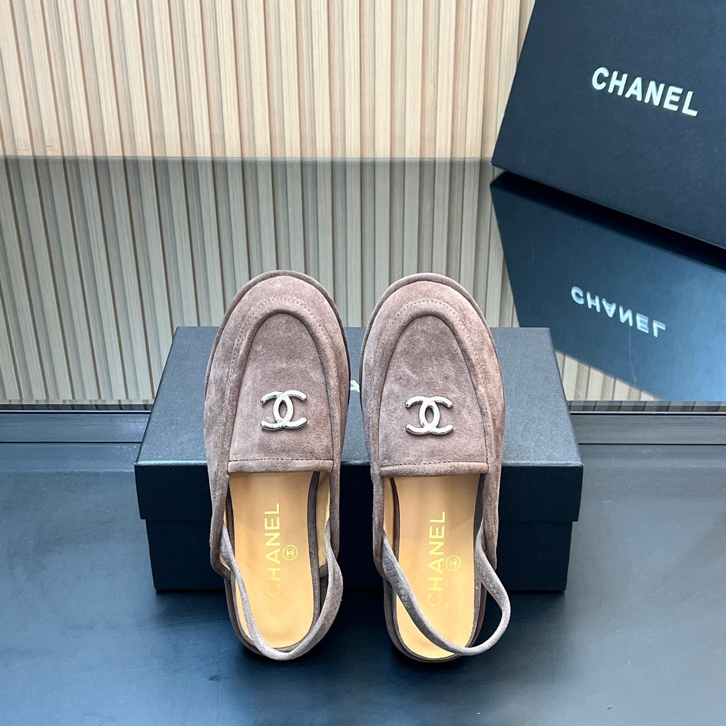 CHANEL 25S BACK STRAP MULE 15MM IN TAUPE GRAY SUEDE SILVER HARDWRE - 35