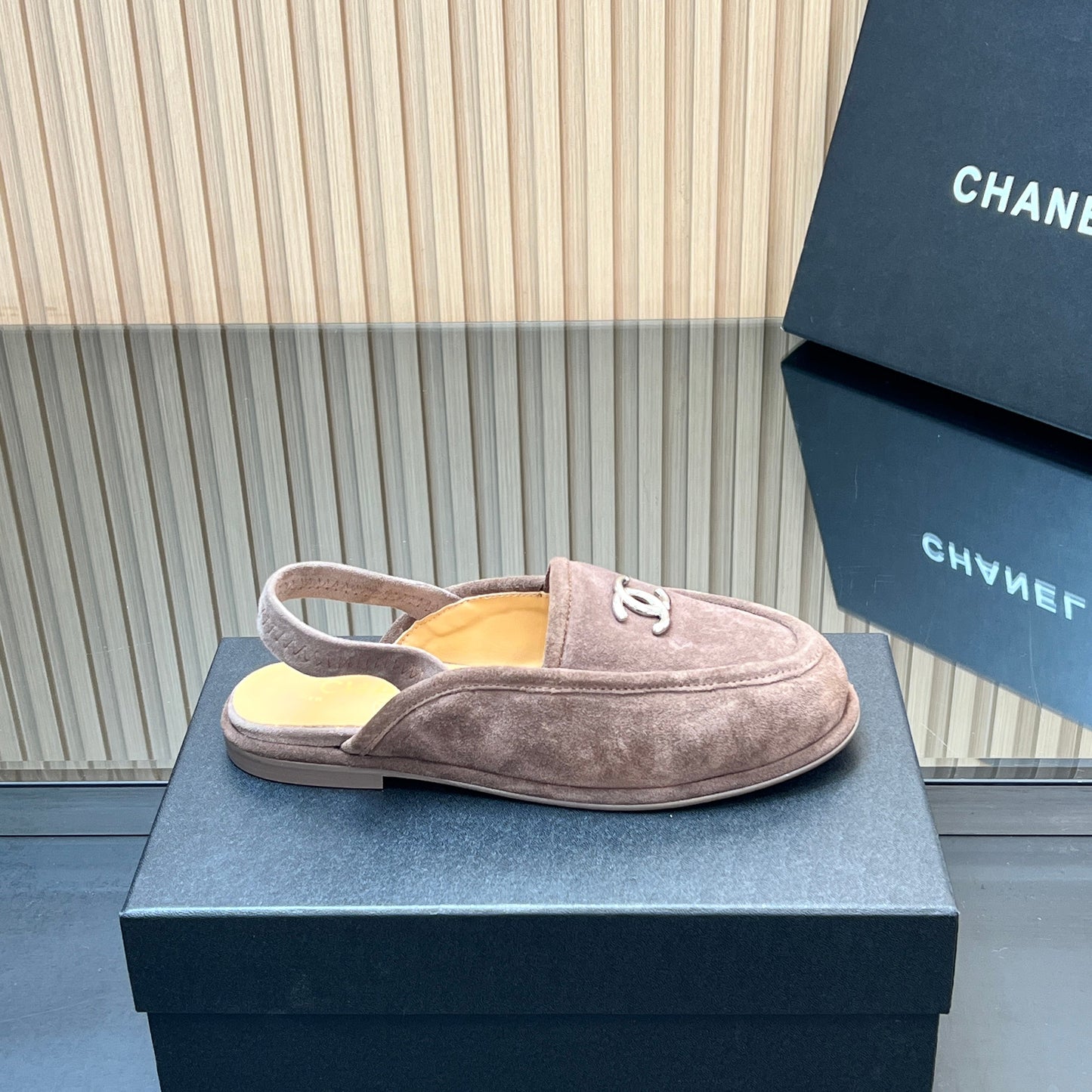 CHANEL 25S BACK STRAP MULE 15MM IN TAUPE GRAY SUEDE SILVER HARDWRE - 35