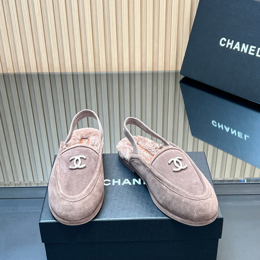 CHANEL 25S BACK STRAP MULE 15MM IN TAUPE GRAY SUEDE AND WOOL SILVER HARDWRE - 35