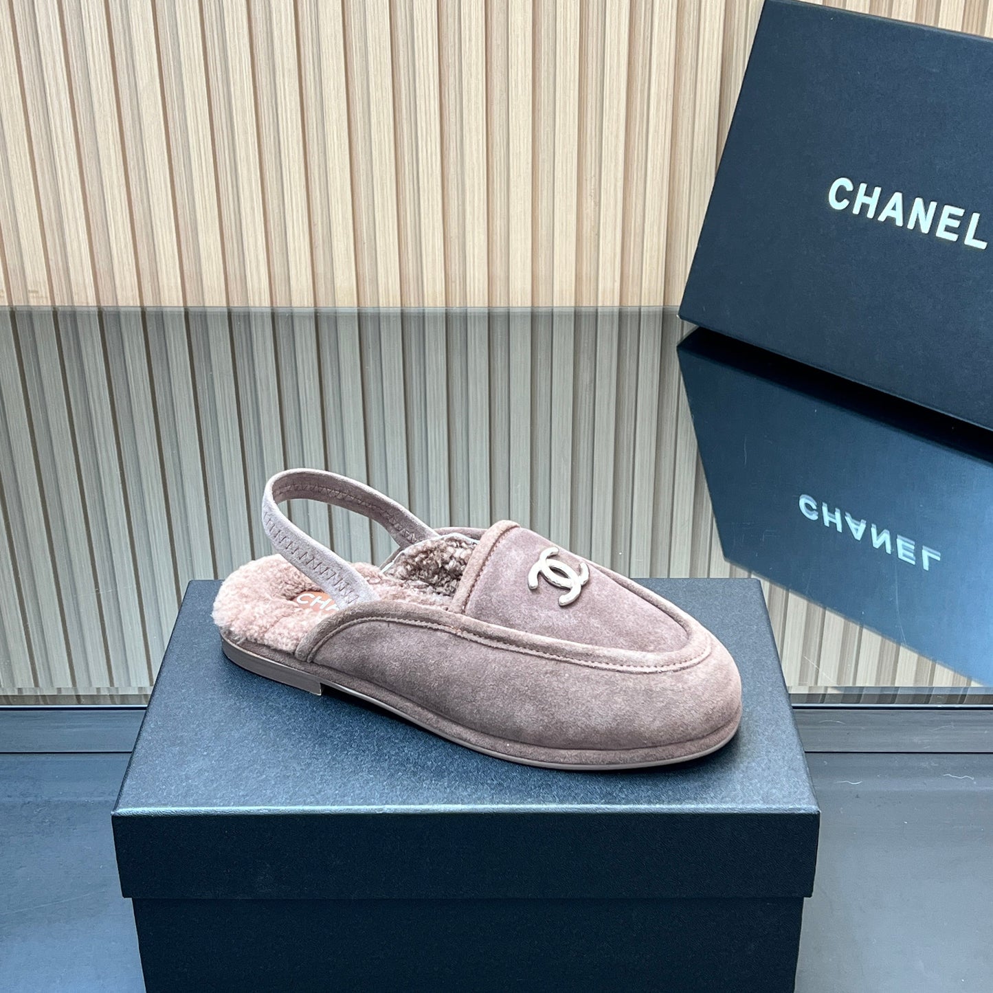 CHANEL 25S BACK STRAP MULE 15MM IN TAUPE GRAY SUEDE AND WOOL SILVER HARDWRE - 35