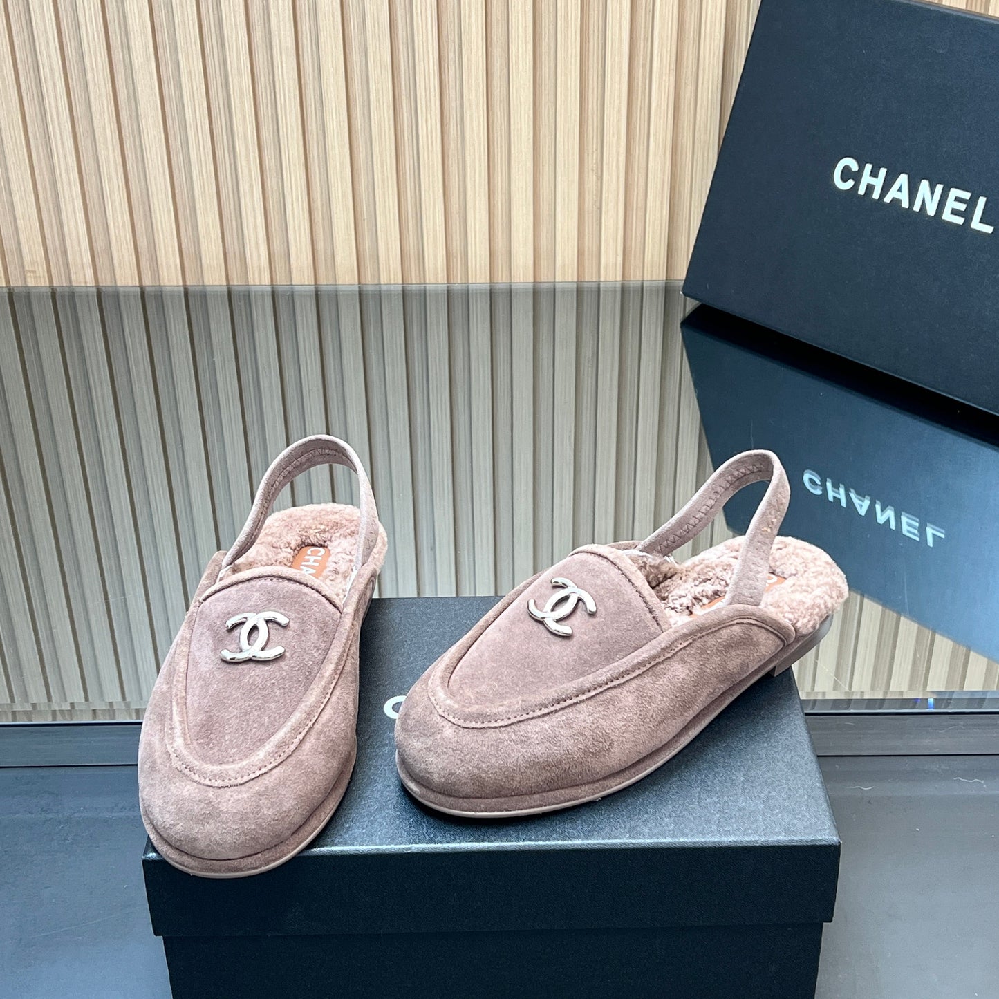 CHANEL 25S BACK STRAP MULE 15MM IN TAUPE GRAY SUEDE AND WOOL SILVER HARDWRE - 35
