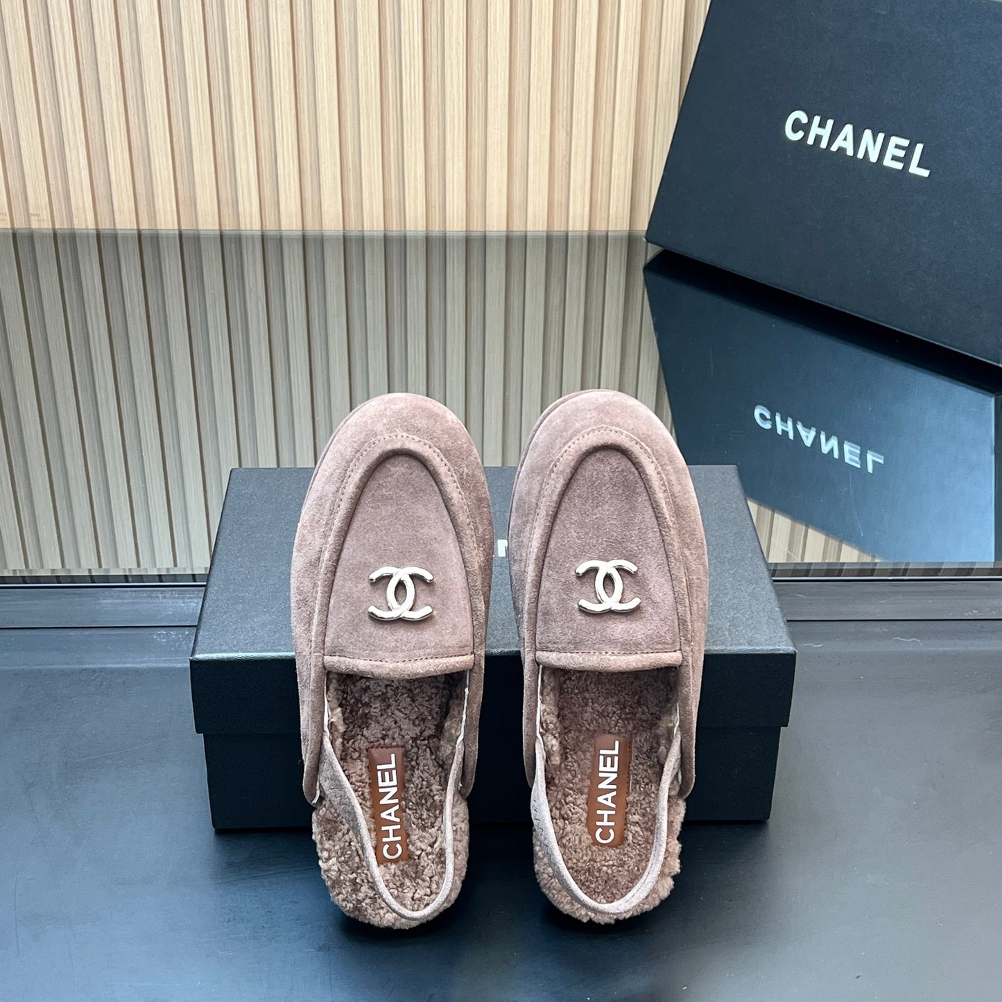 CHANEL 25S BACK STRAP MULE 15MM IN TAUPE GRAY SUEDE AND WOOL SILVER HARDWRE - 35