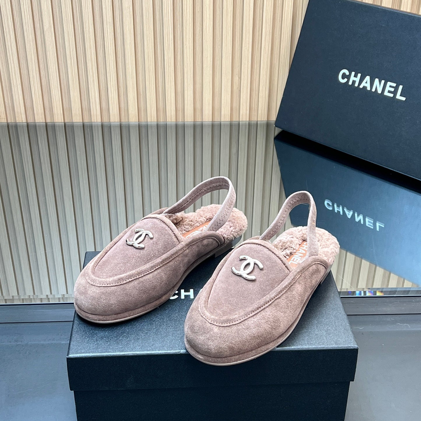 CHANEL 25S BACK STRAP MULE 15MM IN TAUPE GRAY SUEDE AND WOOL SILVER HARDWRE - 35