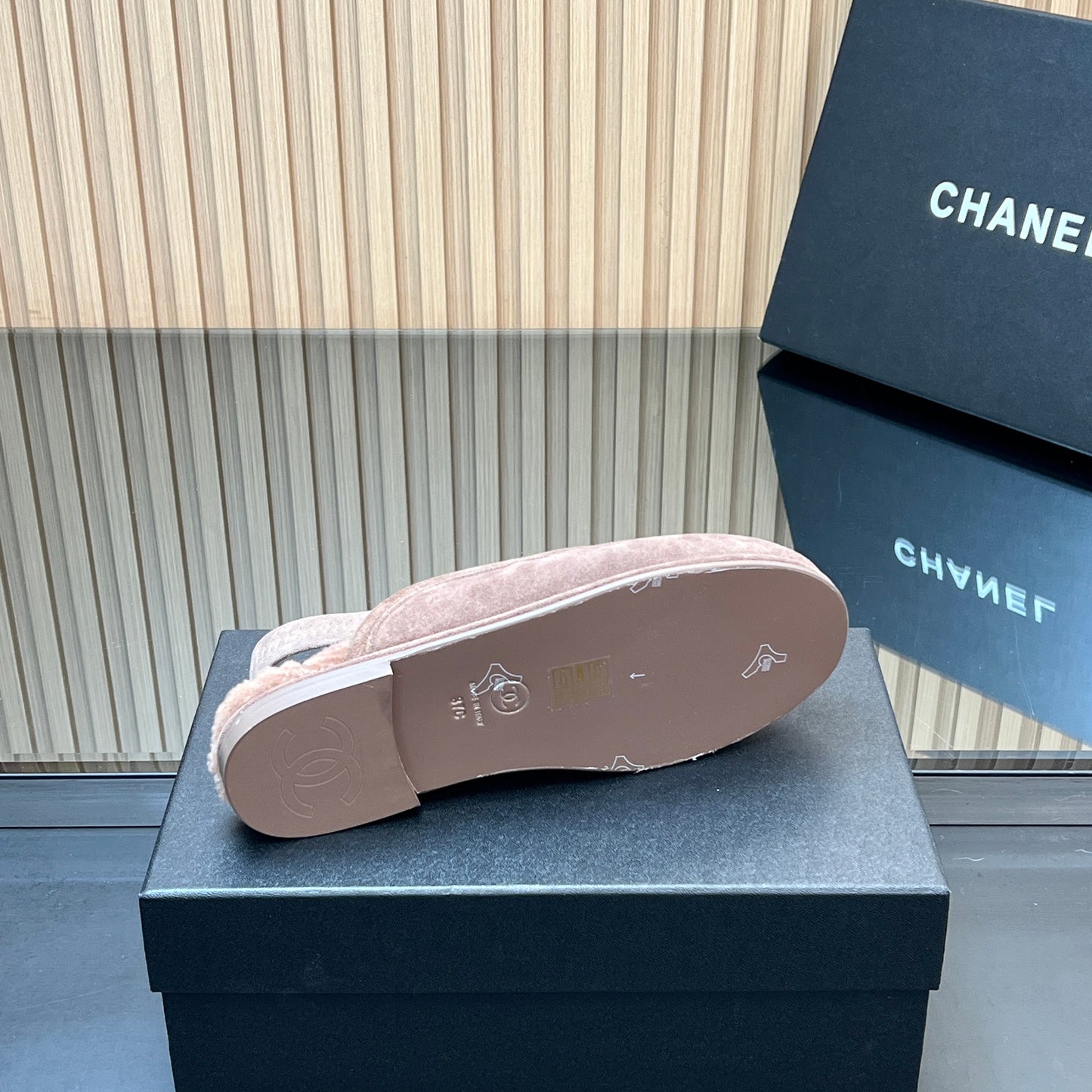CHANEL 25S BACK STRAP MULE 15MM IN TAUPE GRAY SUEDE AND WOOL SILVER HARDWRE - 35