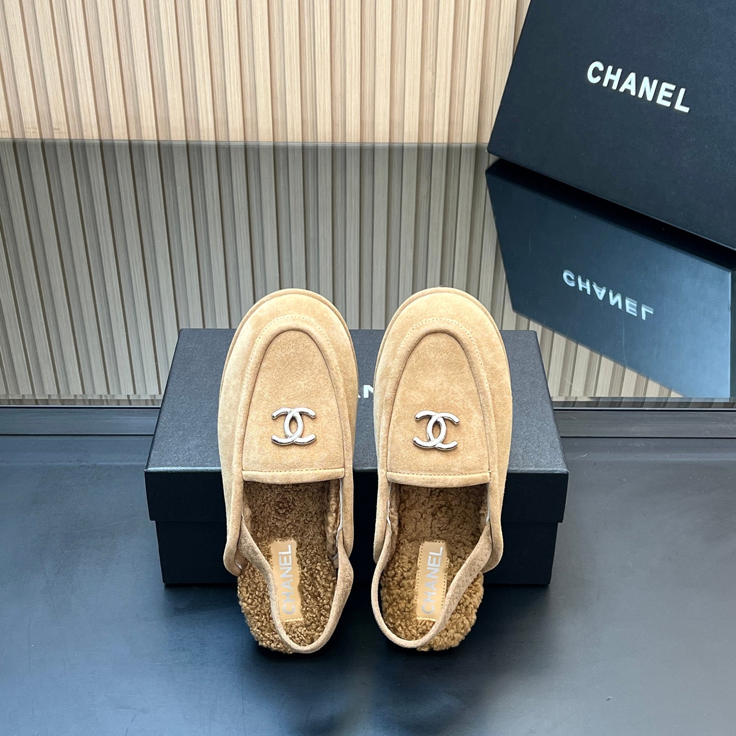 CHANEL 25S BACK STRAP MULE 15MM IN LIGHT BROWN SUEDE AND WOOL SILVER HARDWRE - 35