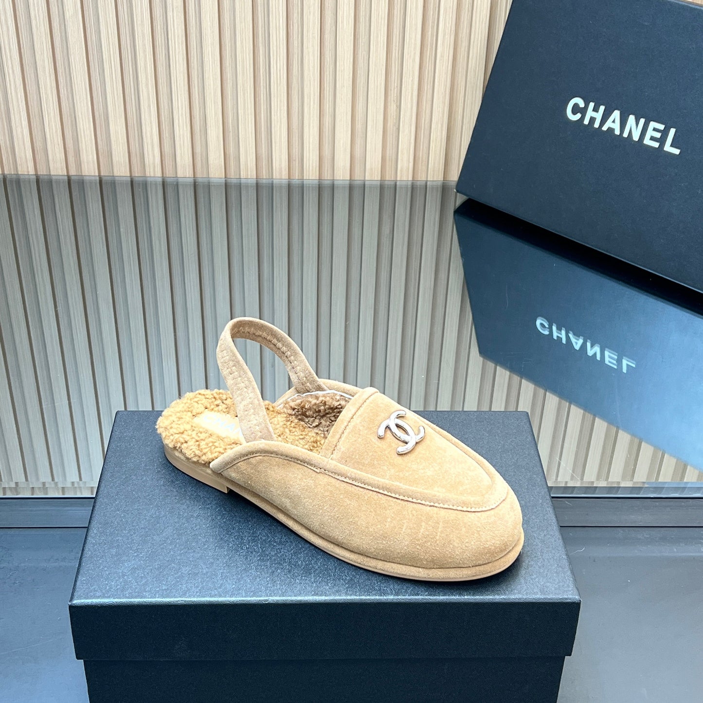 CHANEL 25S BACK STRAP MULE 15MM IN LIGHT BROWN SUEDE AND WOOL SILVER HARDWRE - 35