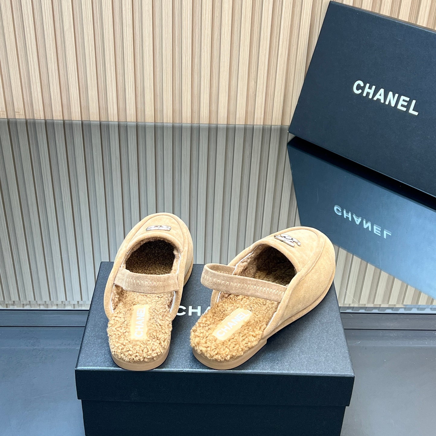 CHANEL 25S BACK STRAP MULE 15MM IN LIGHT BROWN SUEDE AND WOOL SILVER HARDWARE