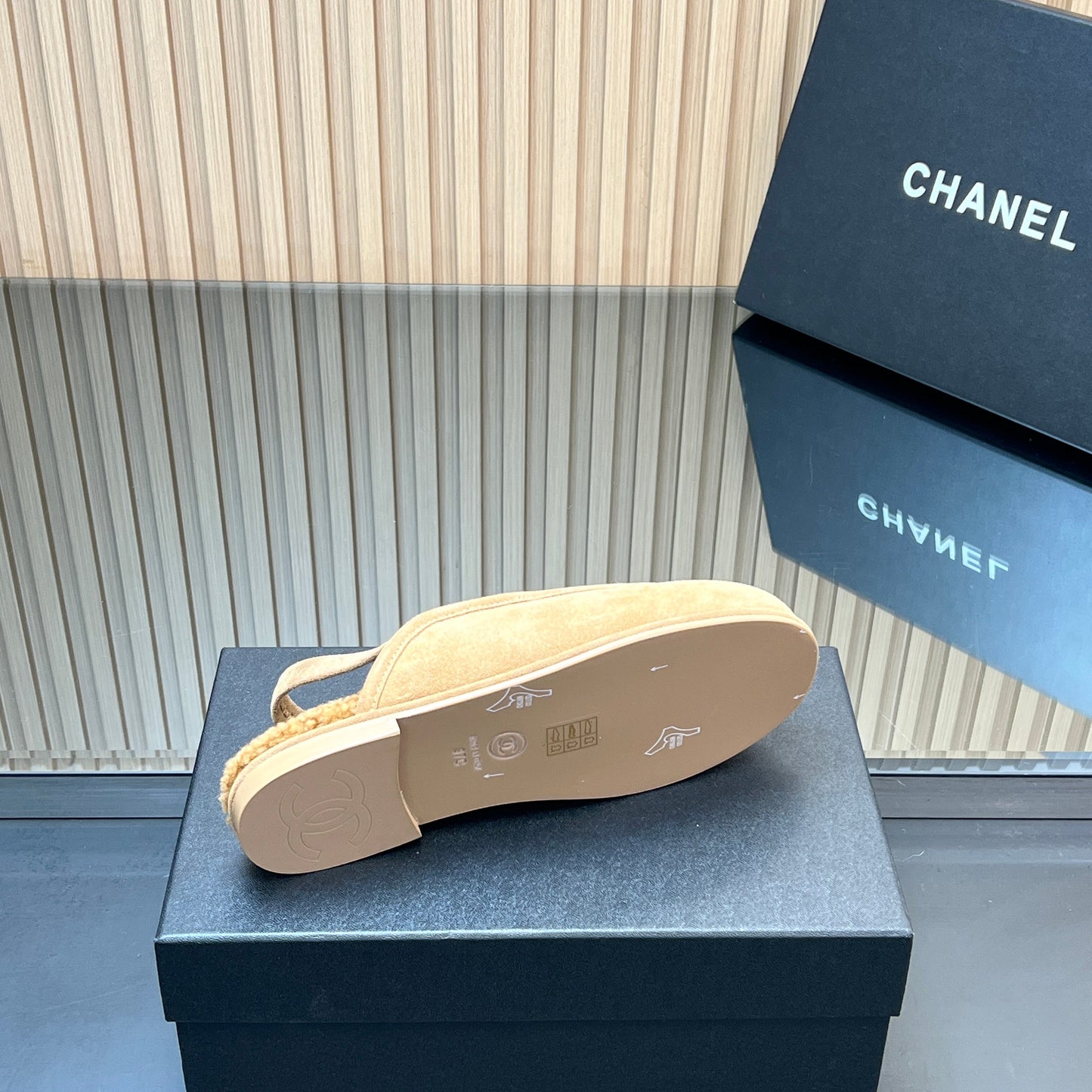 CHANEL 25S BACK STRAP MULE 15MM IN LIGHT BROWN SUEDE AND WOOL SILVER HARDWRE - 35