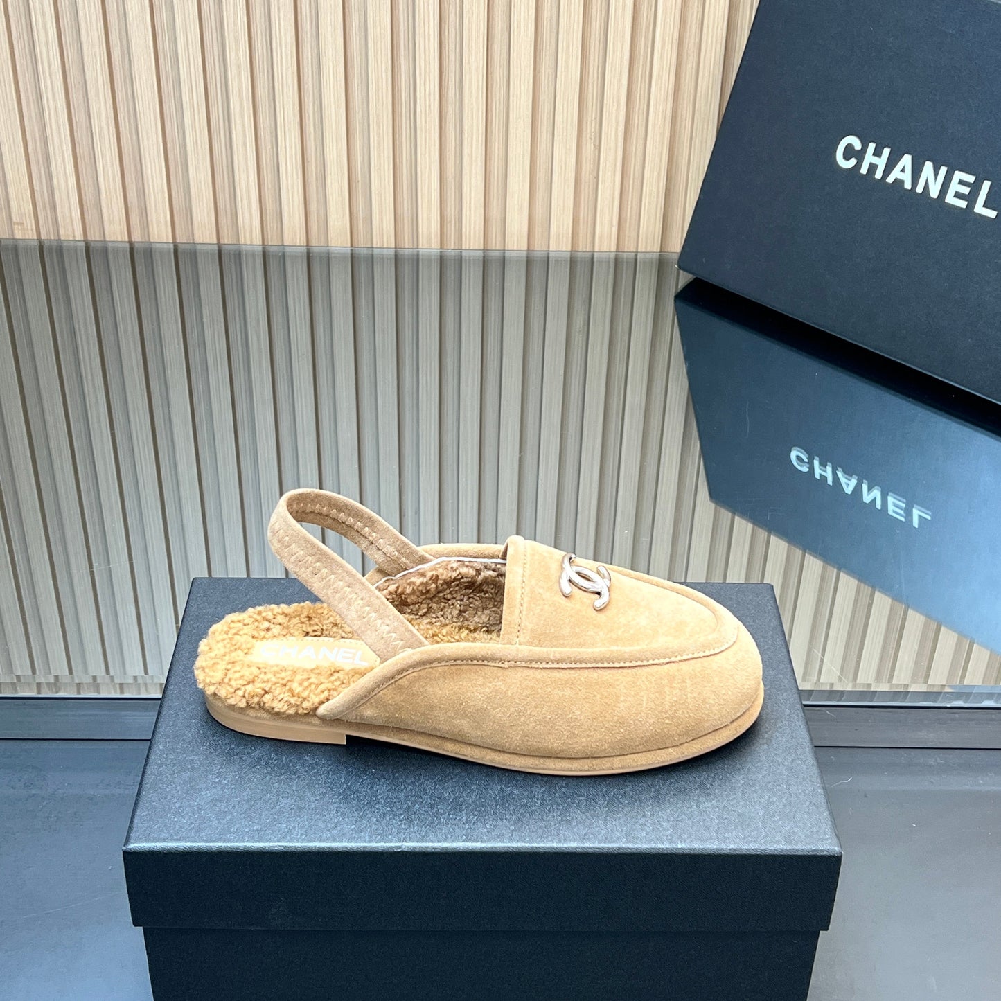 CHANEL 25S BACK STRAP MULE 15MM IN LIGHT BROWN SUEDE AND WOOL SILVER HARDWRE - 35