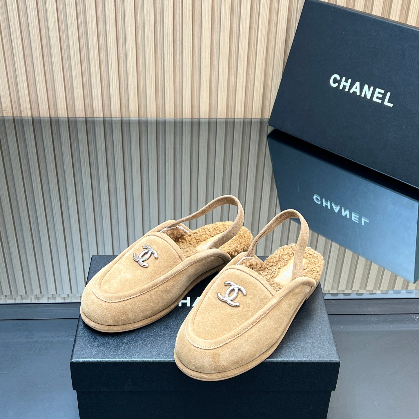 CHANEL 25S BACK STRAP MULE 15MM IN LIGHT BROWN SUEDE AND WOOL SILVER HARDWRE - 35