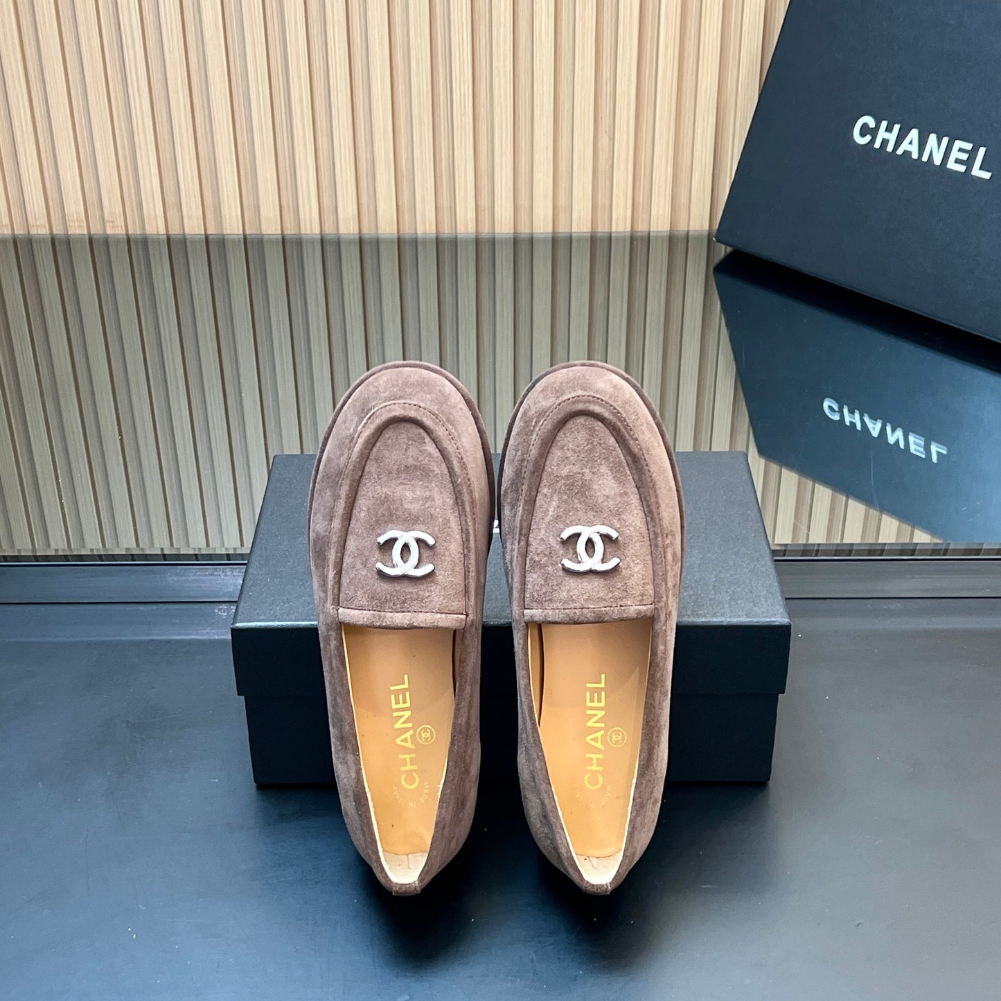 CHANEL 25S TEDDY LOAFER 15MM IN TAUPE GRAY SUEDE SILVER HARDWRE - 35