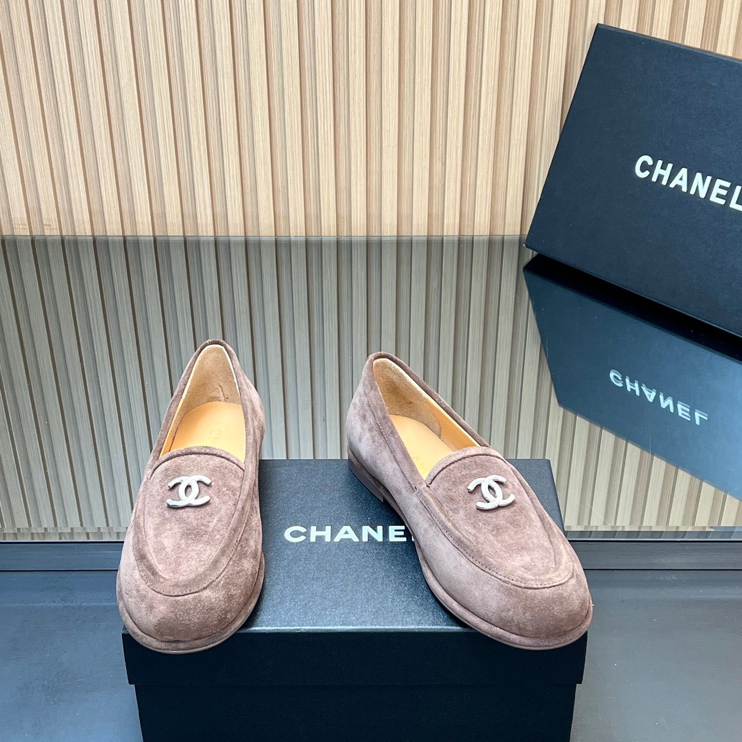 CHANEL 25S TEDDY LOAFER 15MM IN TAUPE GRAY SUEDE SILVER HARDWRE - 35