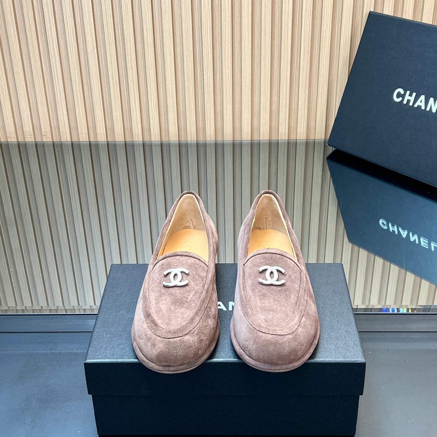 CHANEL 25S TEDDY LOAFER 15MM IN TAUPE GRAY SUEDE SILVER HARDWRE - 35