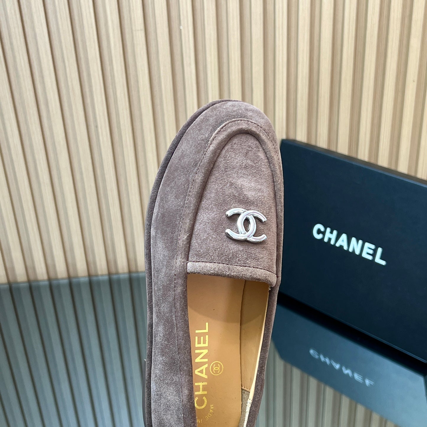 CHANEL 25S TEDDY LOAFER 15MM IN TAUPE GRAY SUEDE SILVER HARDWRE - 35