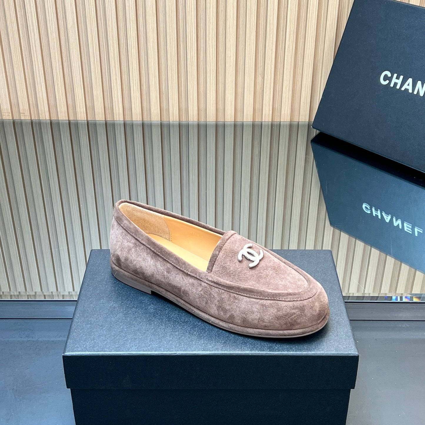 CHANEL 25S TEDDY LOAFER 15MM IN TAUPE GRAY SUEDE SILVER HARDWRE - 35