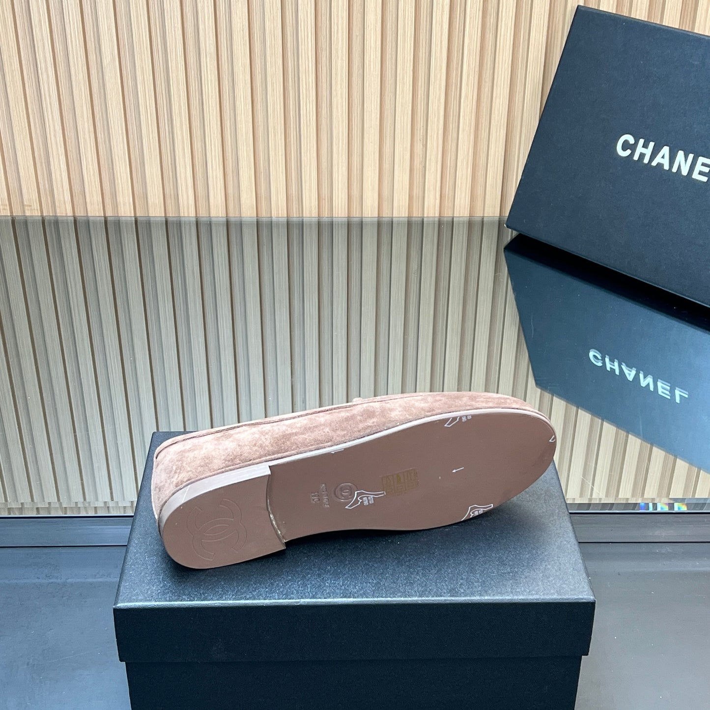 CHANEL 25S TEDDY LOAFER 15MM IN TAUPE GRAY SUEDE SILVER HARDWRE - 35