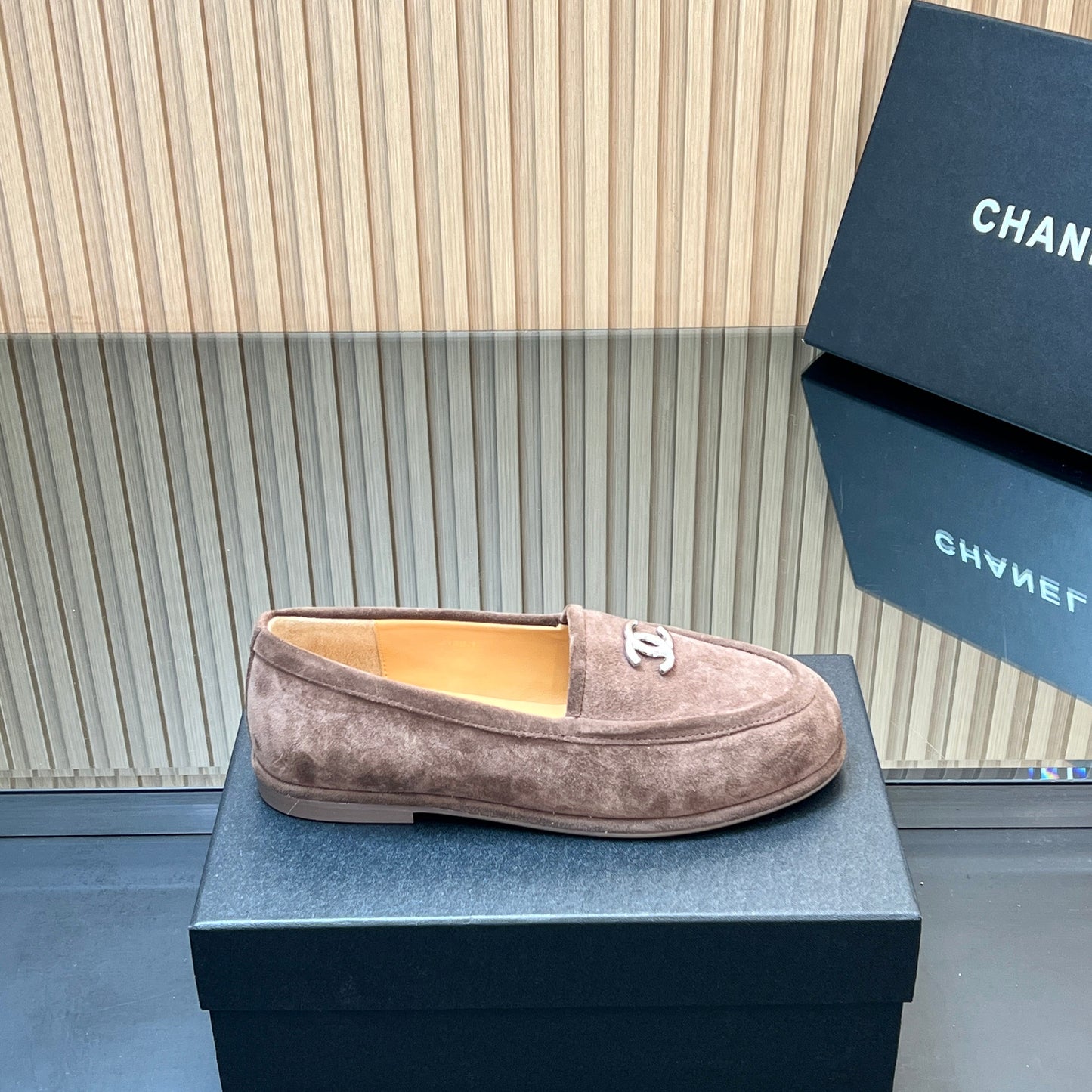 CHANEL 25S TEDDY LOAFER 15MM IN TAUPE GRAY SUEDE SILVER HARDWRE - 35