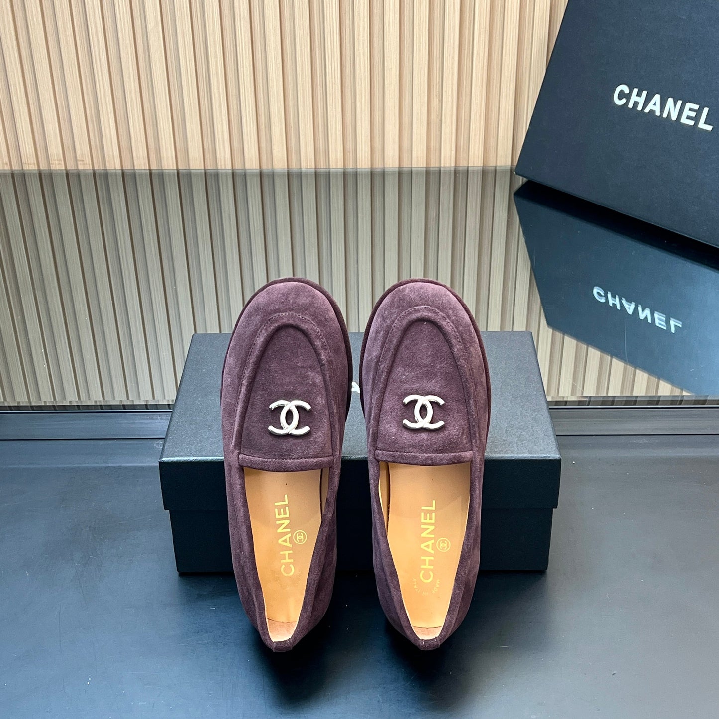 CHANEL 25S TEDDY LOAFER 15MM IN DARK PURPLE SUEDE SILVER HARDWRE - 35