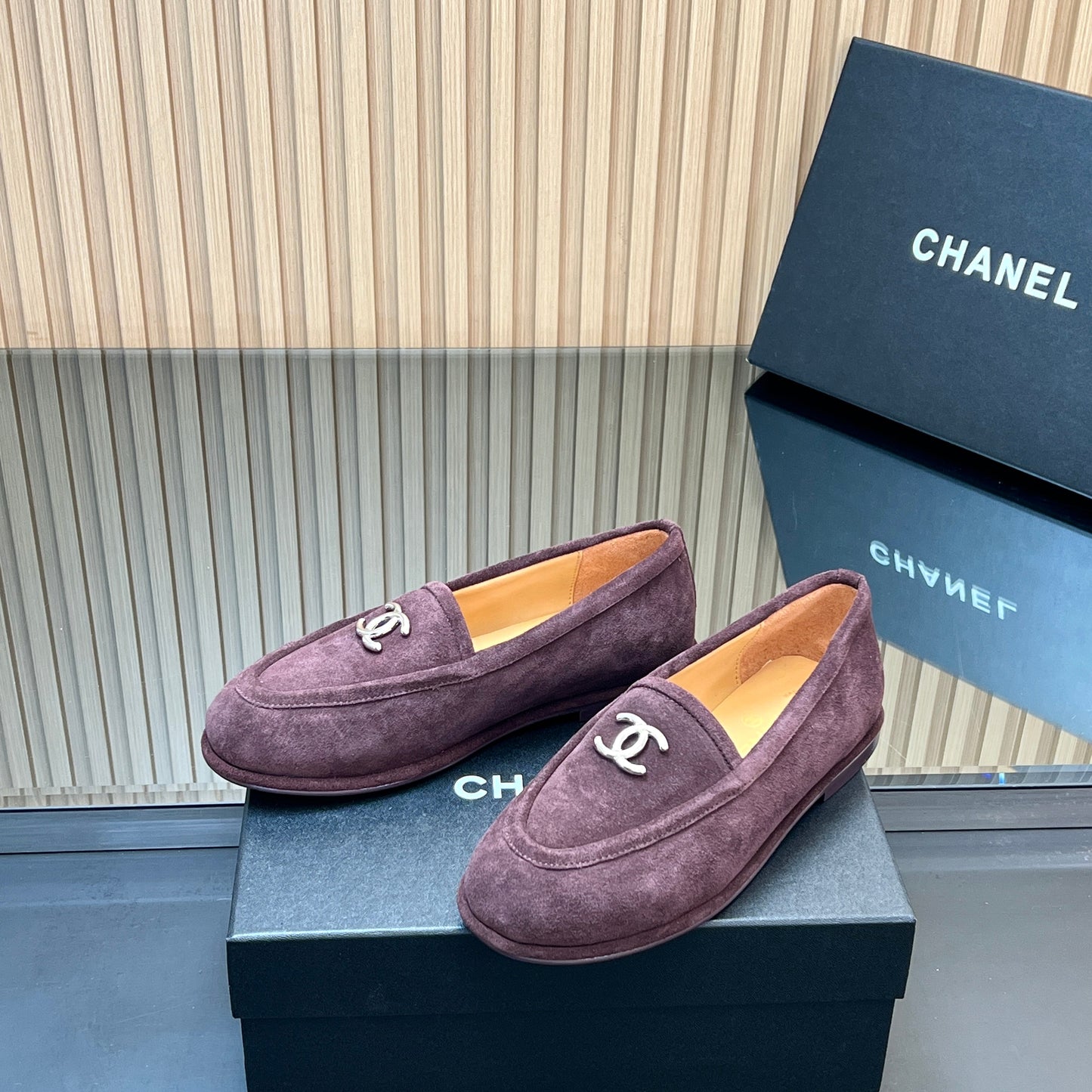 CHANEL 25S TEDDY LOAFER 15MM IN DARK PURPLE SUEDE SILVER HARDWRE - 35