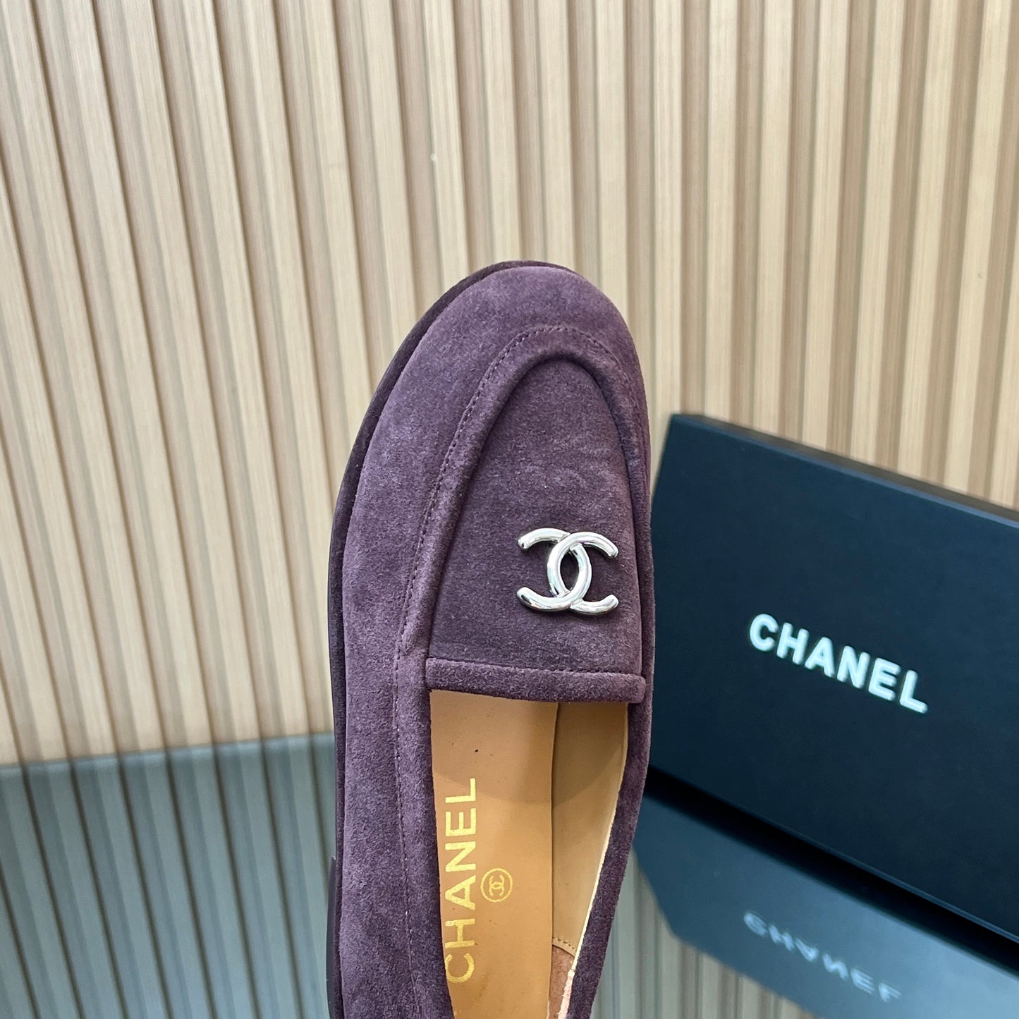 CHANEL 25S TEDDY LOAFER 15MM IN DARK PURPLE SUEDE SILVER HARDWRE - 35