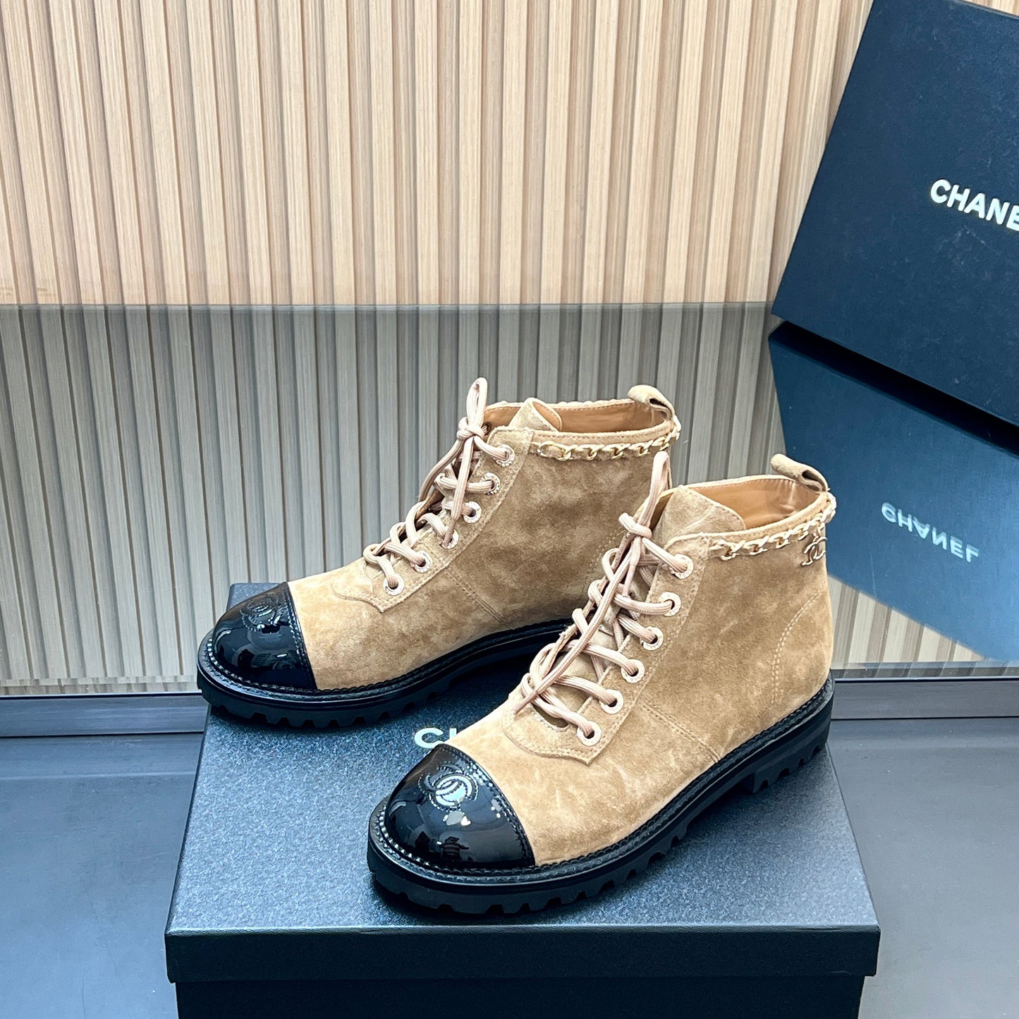 CHANEL 25S MARTIN LACE-UP BOOTS WITH CHAIN DETAIL IN LIGHT BROWN SUEDE - 35