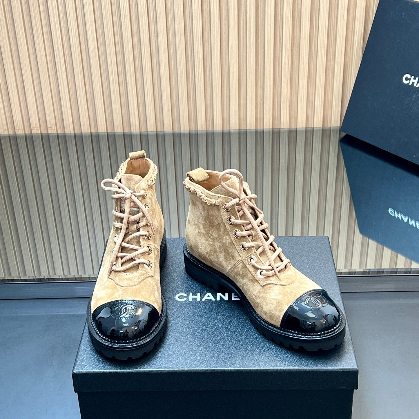 CHANEL 25S MARTIN LACE-UP BOOTS WITH CHAIN DETAIL IN LIGHT BROWN SUEDE - 35