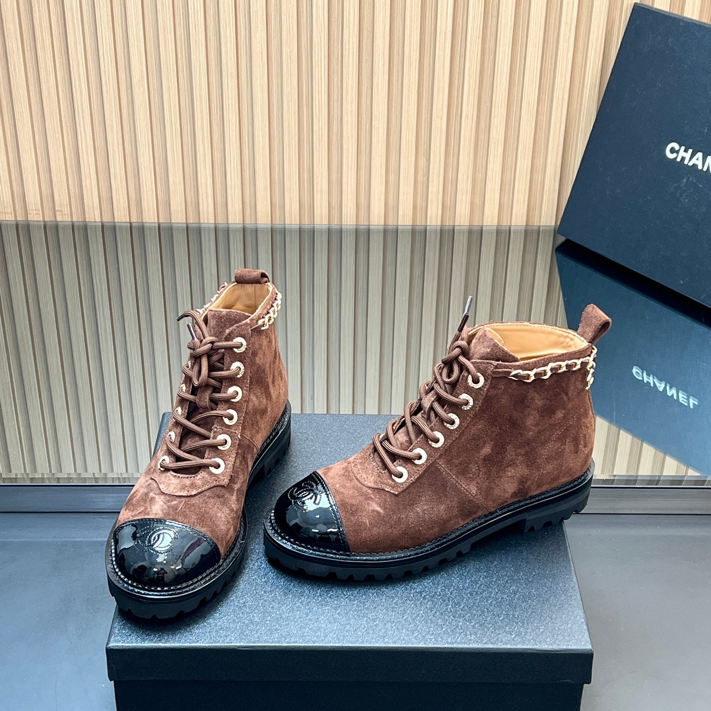 CHANEL 25S MARTIN LACE-UP BOOTS WITH CHAIN DETAIL IN DARK BROWN SUEDE - 35