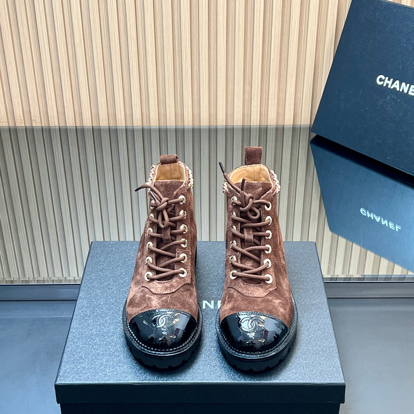 CHANEL 25S MARTIN LACE-UP BOOTS WITH CHAIN DETAIL IN DARK BROWN SUEDE - 35