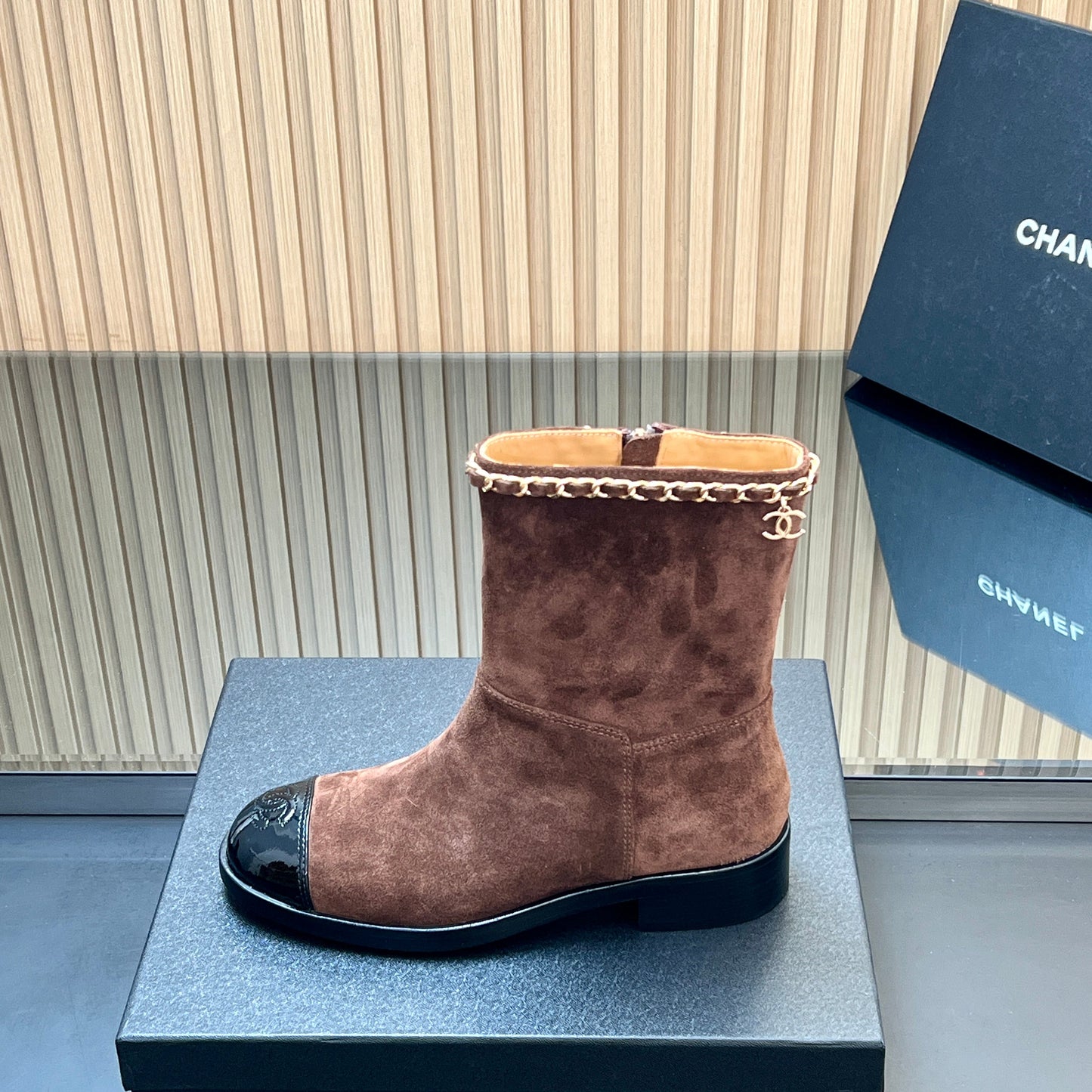 CHANEL 25S SHORT BOOTS WITH CHAIN IN DARK BROWN SUEDE - 35