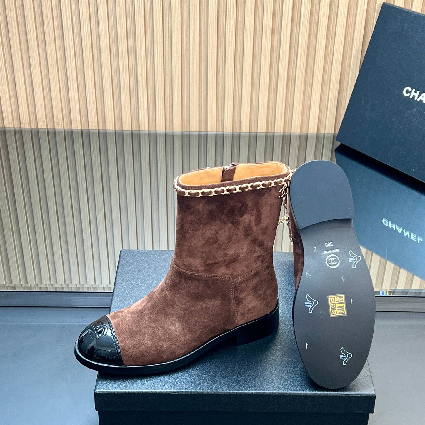 CHANEL 25S SHORT BOOTS WITH CHAIN IN DARK BROWN SUEDE - 35